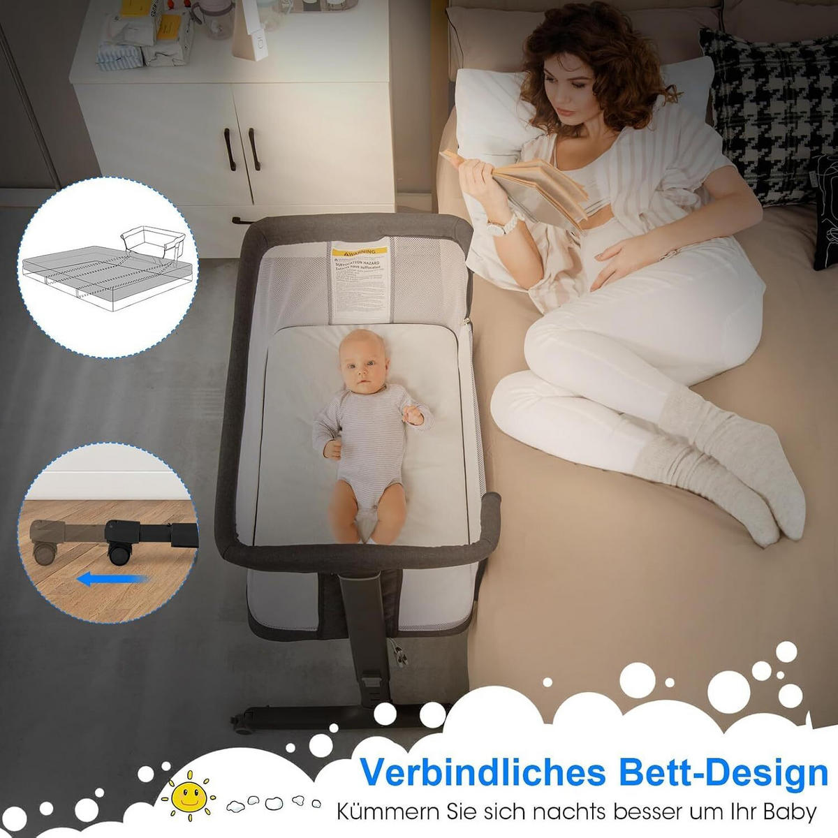 BABYWIEGE mit Matratze dunkelgrau - Dunkelgrau, Textil - COSTWAY