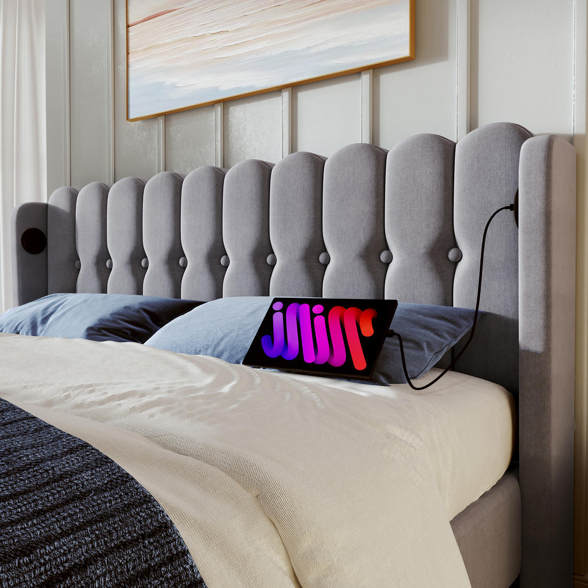 POLSTERBETT 160/200 cm mit USB- und Type-C-Anschluss, graues Bettgestell - Grau, Textil (160/200cm) - OKWISH