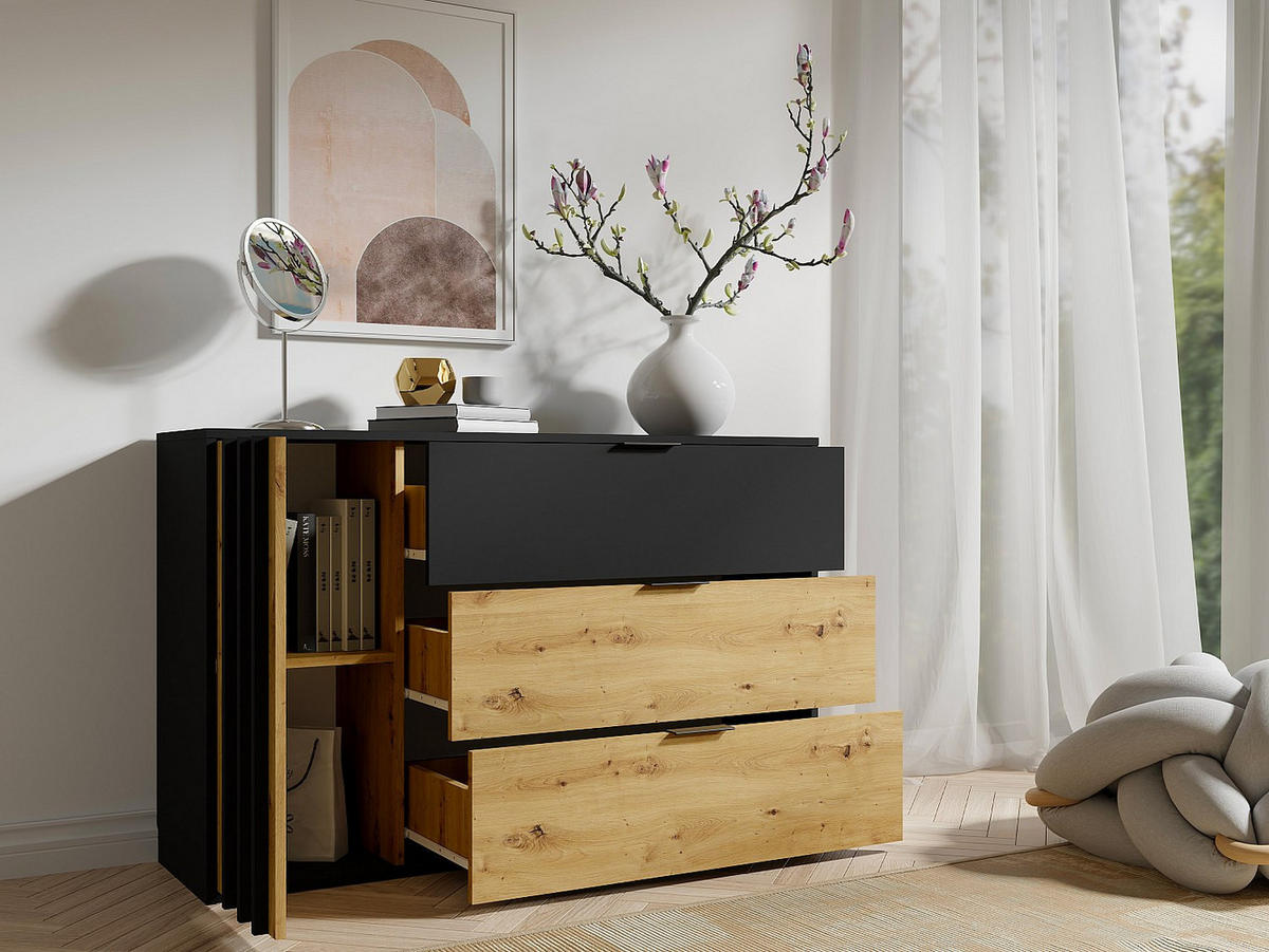KOMMODE - 125 cm x 36.5 cm - holz - schwarz, naturfarben hell Tunalo - Schwarz/Naturfarben, Holz (125/79.7/36cm) - Vente-Unique