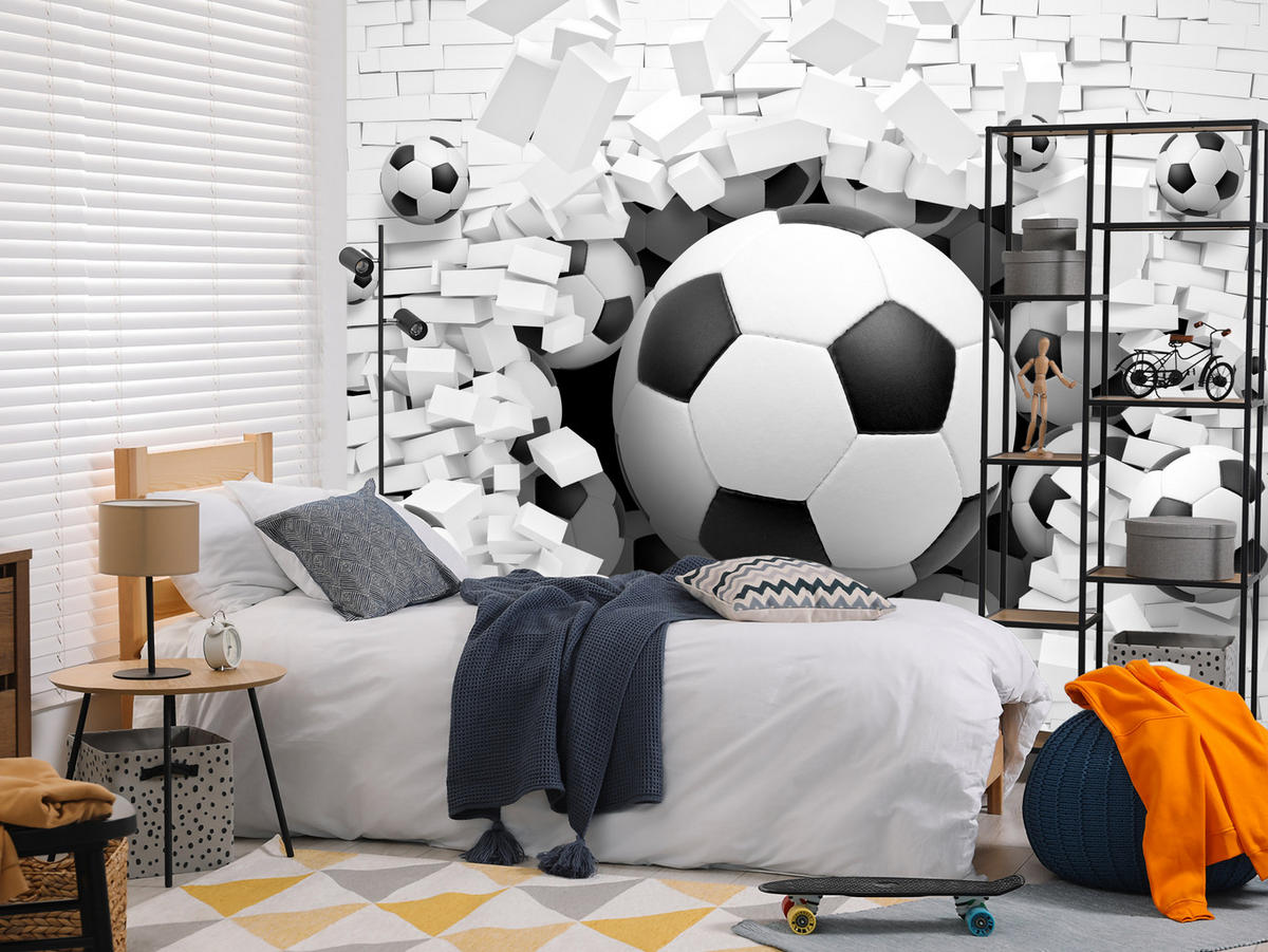 FOTOTAPETA Pre Študentskú Izbu Futbalové Lopty Biela Tehlová Stena Šport 200 x 140 cm - čierna/sivá, papier (200/140cm) - Muralo