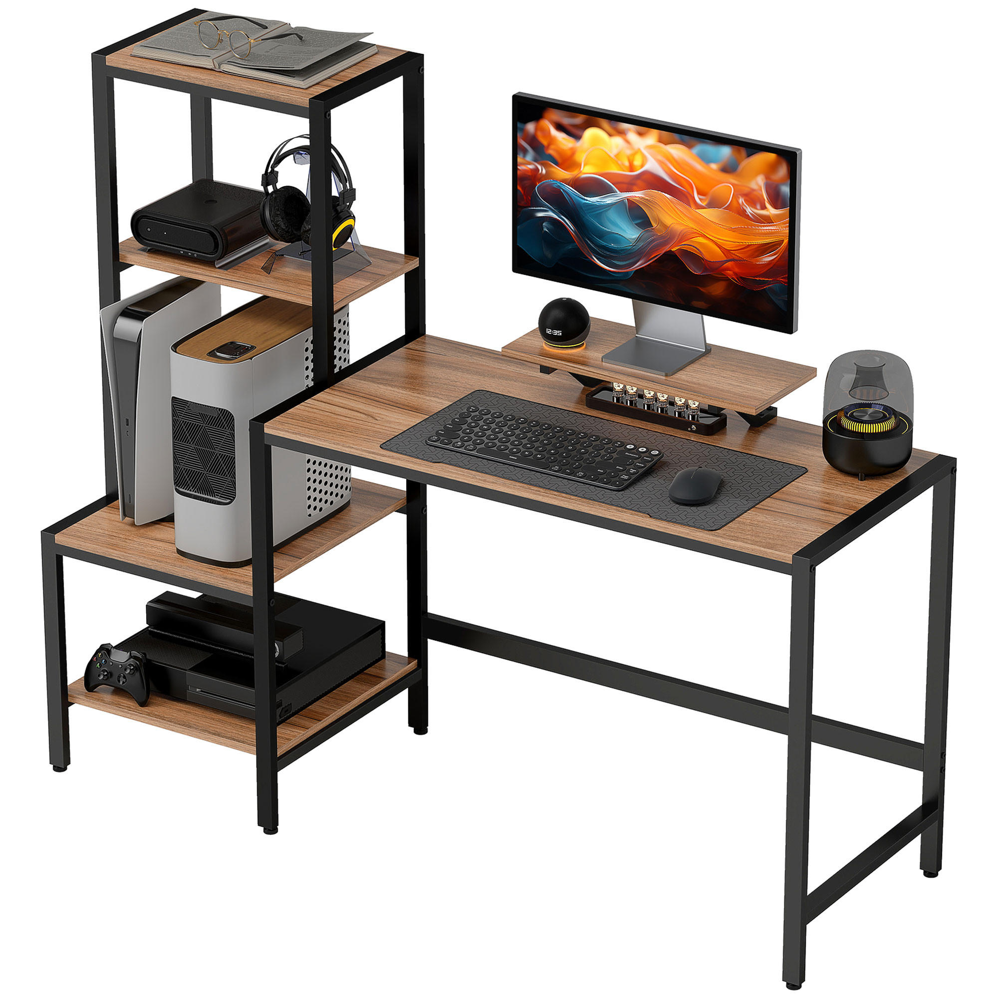 COMPUTERTISCH mit Monitorständer und 4-stufigem Regal 150cm - Braun, Holzwerkstoff (48/150/125cm) - Gisaae