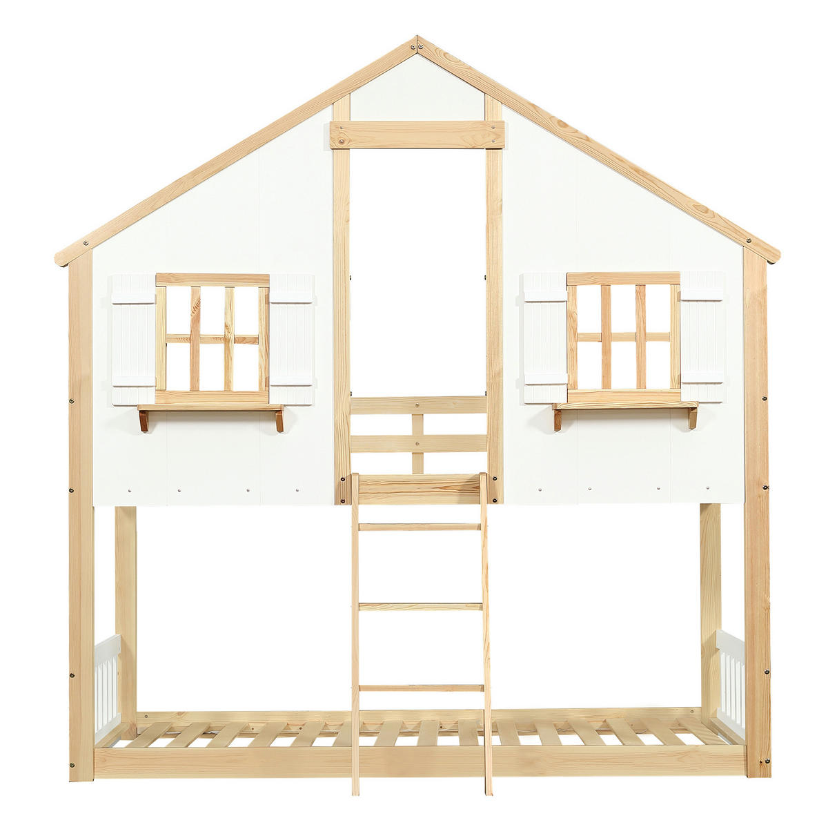 ETAGENBETT mit Fenster und Dach, Weiß/Natur, 90/200 cm, ohne Matratze - Weiß, Holz (90/200cm) - MIVRAY