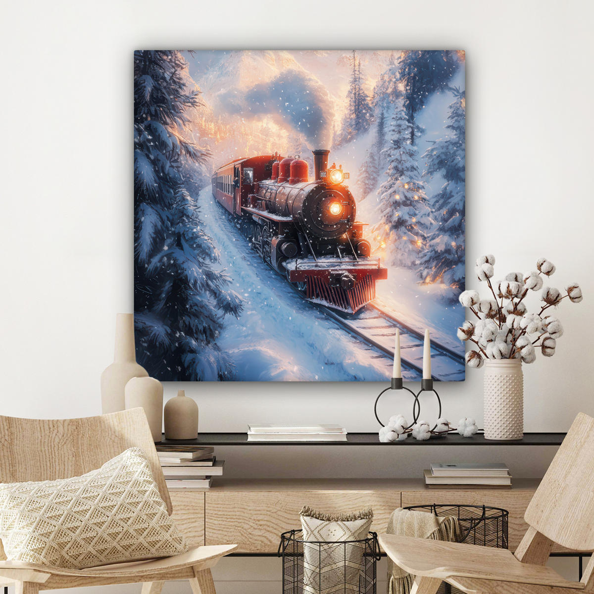 LEINWANDBILD Weihnachtszug - Schnee - Winter - Weihnachten Deko Groß 90x90 cm - Dunkelrot, Textil (90/90cm) - MuchoWow