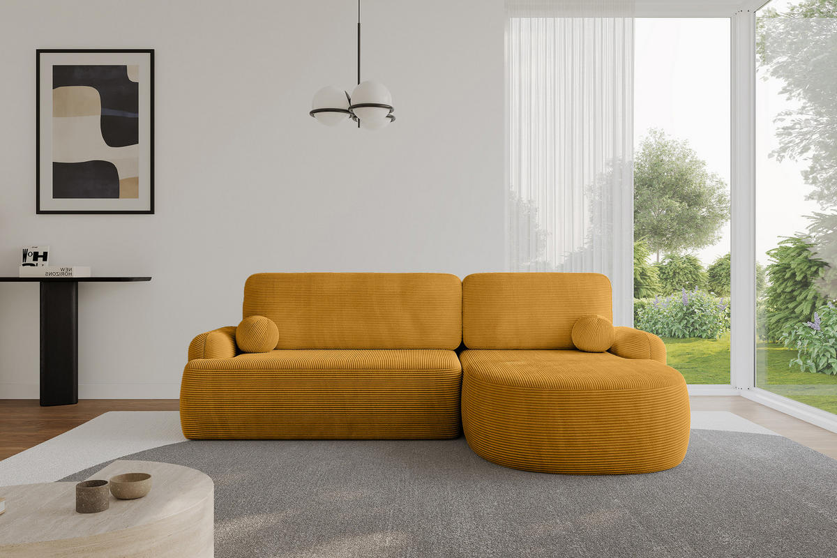 ECKSOFA mit Schlaffunktion und Bettkasten LIRA-L - 264x172x89 Senfgelb - Sandfarben, Holzwerkstoff/Textil (172/264cm) - ALTDECOR