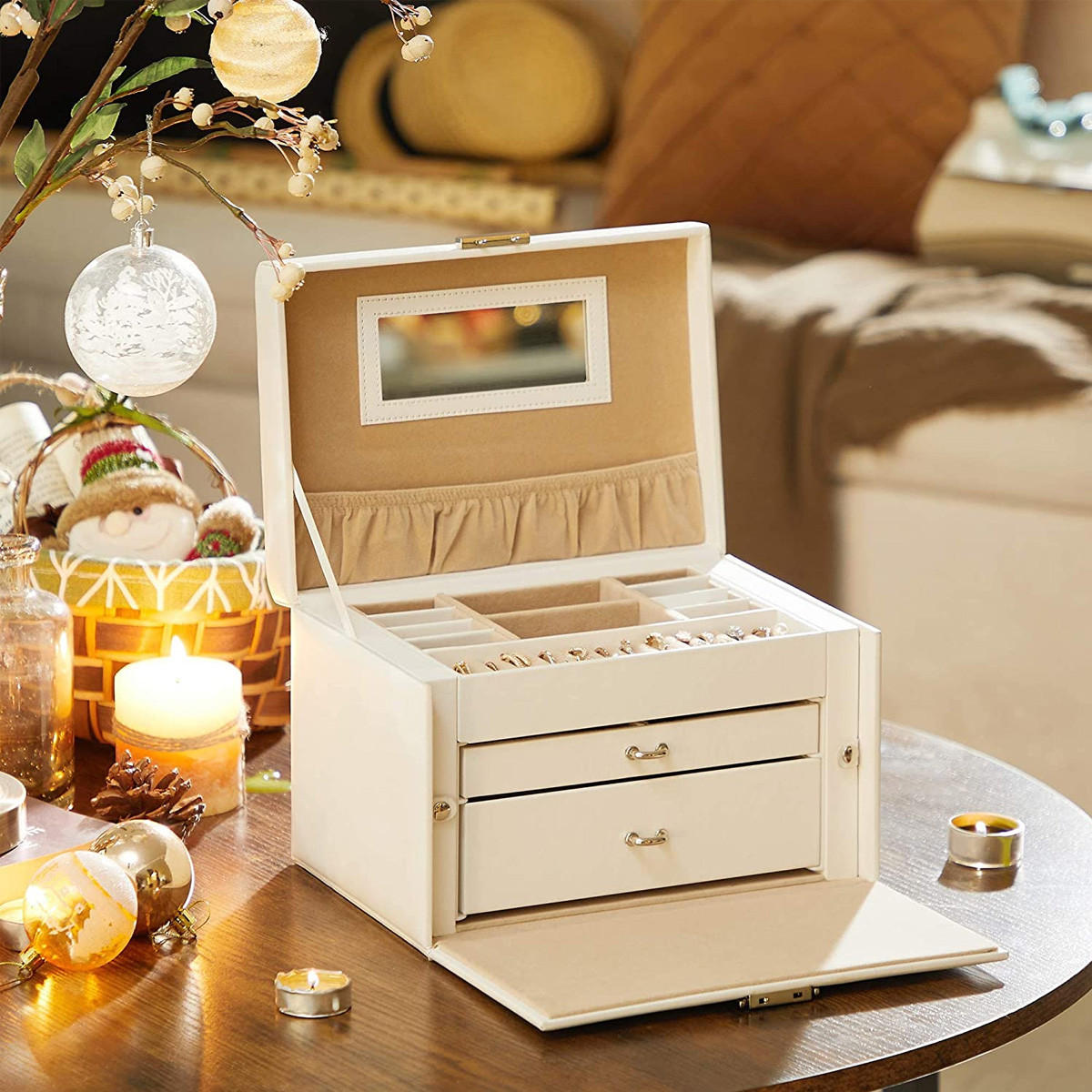 SCHMUCKKÄSTCHEN mit 2 Schubladen und Spiegel - Weiß - 26/18/17 cm - Weiß, Holzwerkstoff (18/17/26cm) - Calicosy