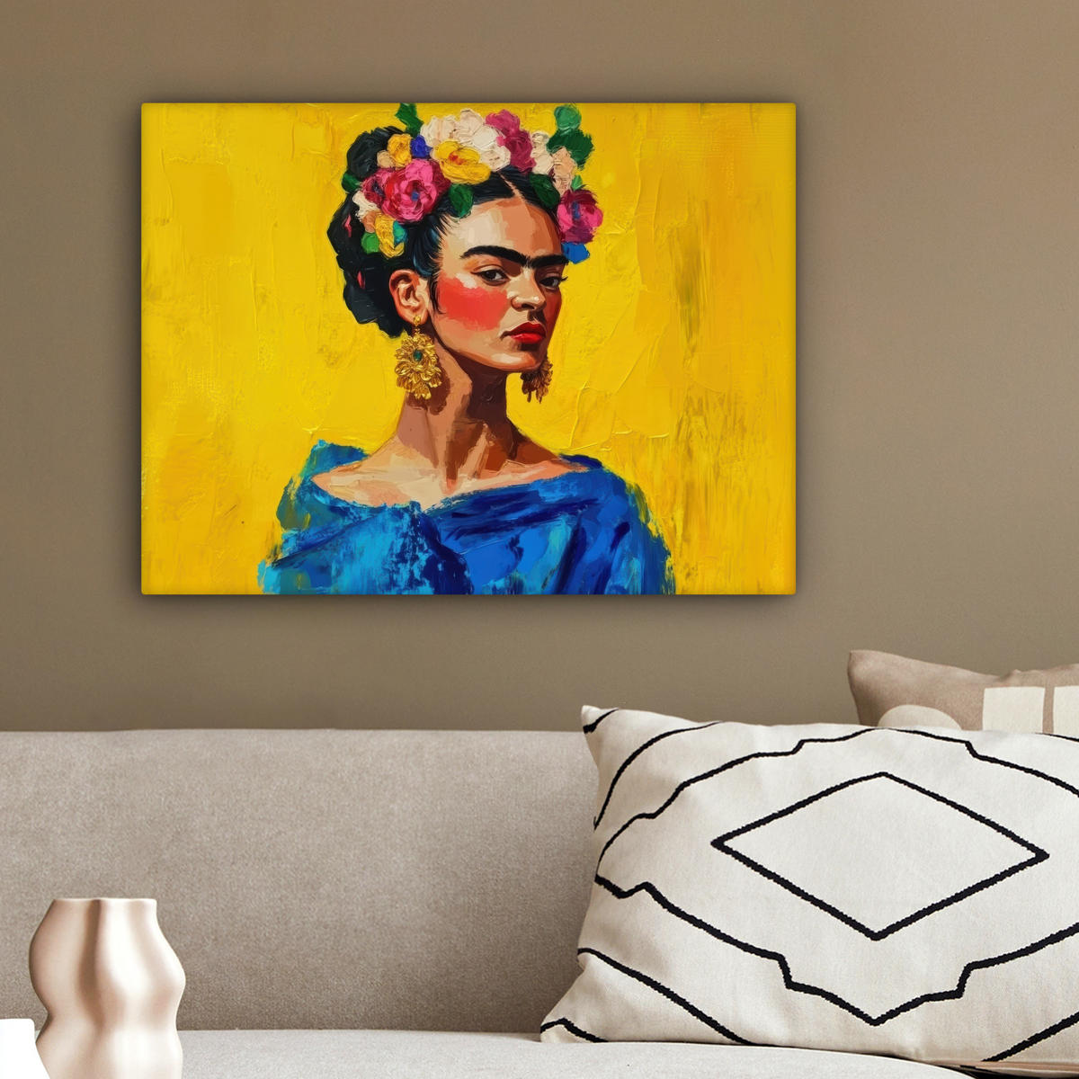 LEINWANDBILD Frida Kahlo - Frau - Gelb - Blau - Blumen 40x30 cm - Gelb, Textil (40/30cm) - MuchoWow
