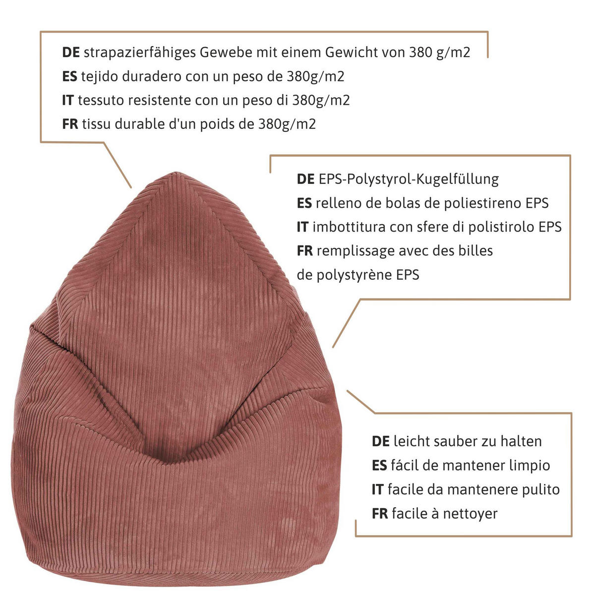 SITZSACK MIT FUßSTÜTZE Kordsamt 2-tlg Ginger Spice S - Kupferfarben, Textil (70/105/70cm) - Dreamroots