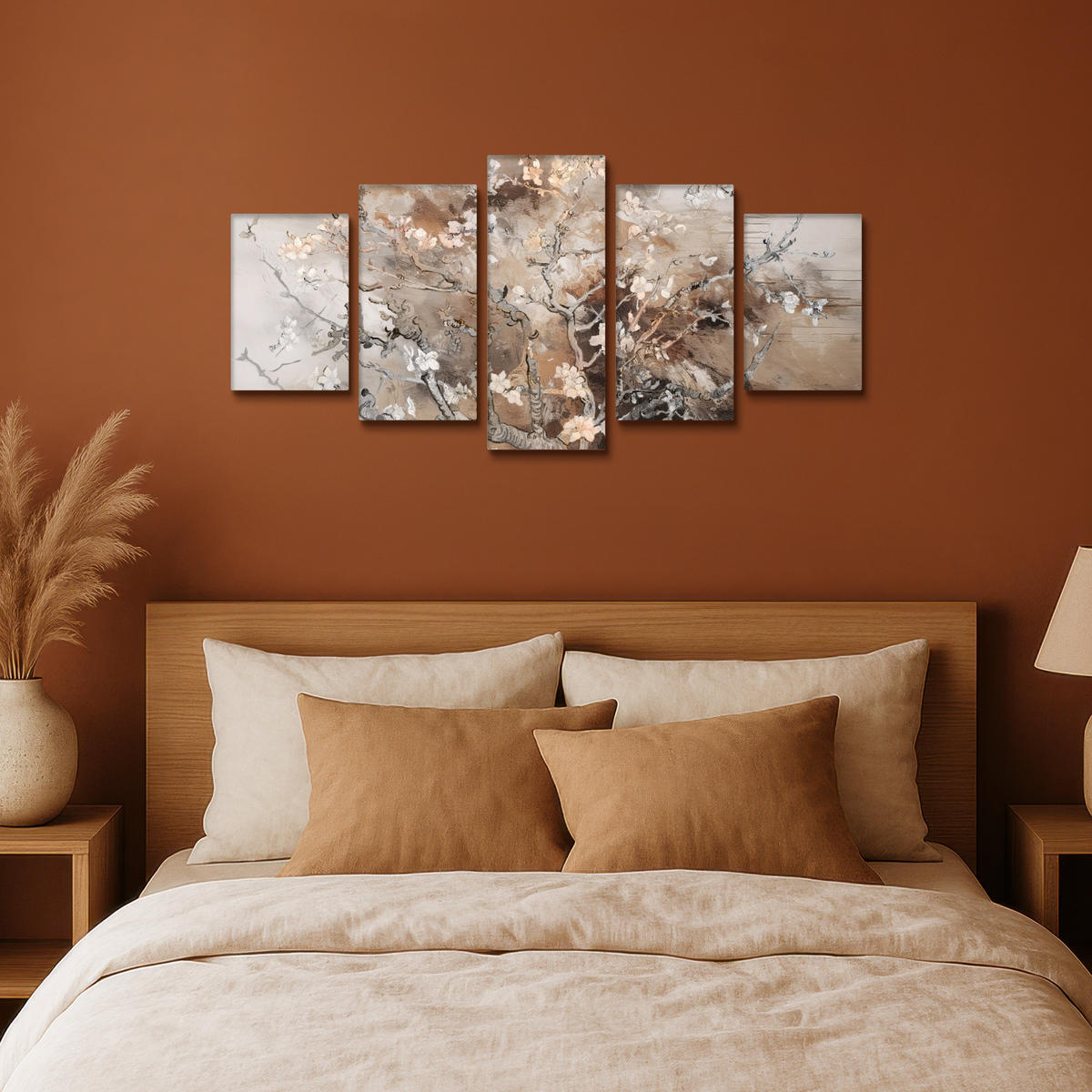 LEINWANDBILD 5er Set Mandelblüte - Abstrakt - Beige 100x50 cm - Beige, Textil (100/50cm) - MuchoWow