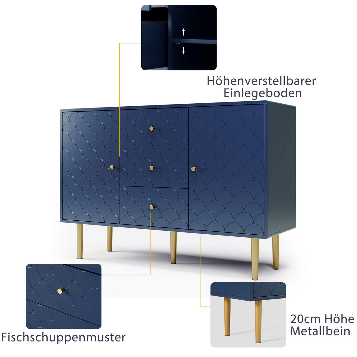 KOMMODE 120/40/83 cm mit 3 Schubladen und 2 Türen in Marineblau - Dunkelblau, Metall (120/83/40cm) - BEAOK