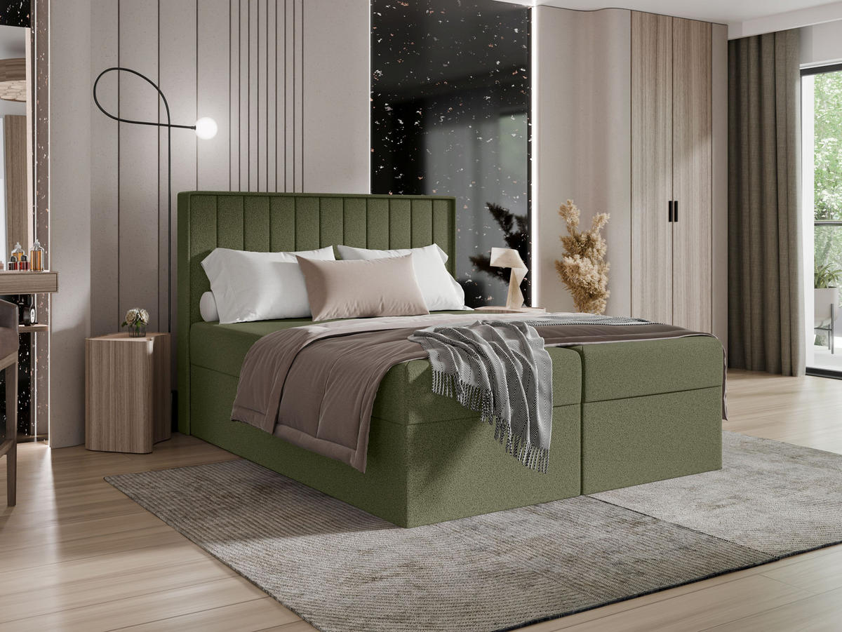 BOXBETT - Taschenmatratze + Topper 180x200 dunkelgrün Bouclé - Dunkelgrün, Holz/Holzwerkstoff (180/200cm) - SIMKAM Furniture