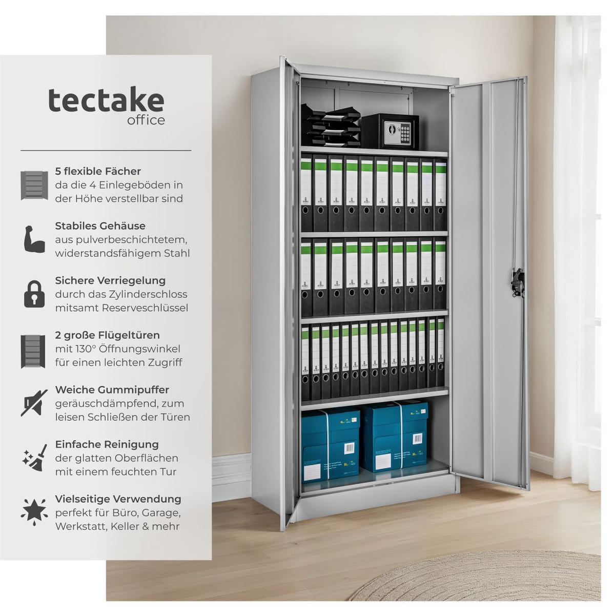 AKTENSCHRANK ,180 x 90 x 40 cm,grau - Grau, Metall (40/180/90cm) - tectake
