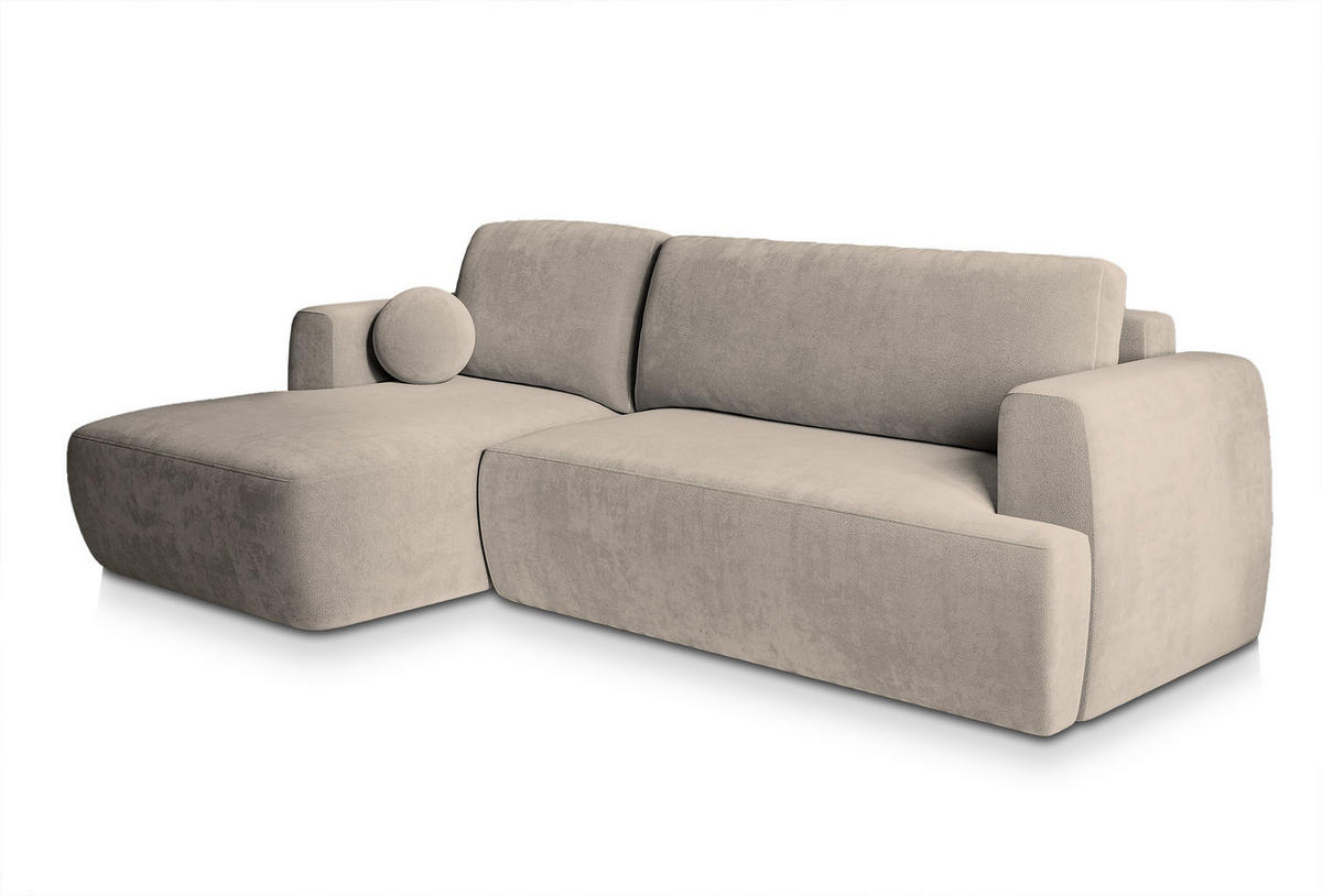 ECKSOFA SENTI K L-S Beige Plüsch-Stoff mit Schlaffunktion - Beige, Holz (246/148cm) - MASSENO