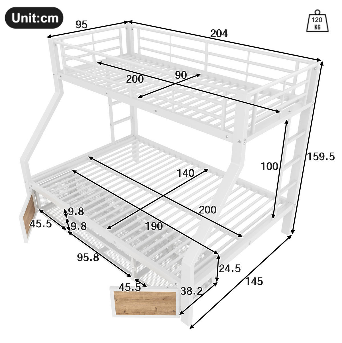 ETAGENBETT aus Metall und MDF 140x200 cm Weiß mit Schuhschrank, Staufächern und Leiter - Weiß, Metall (140/200cm) - Modfu