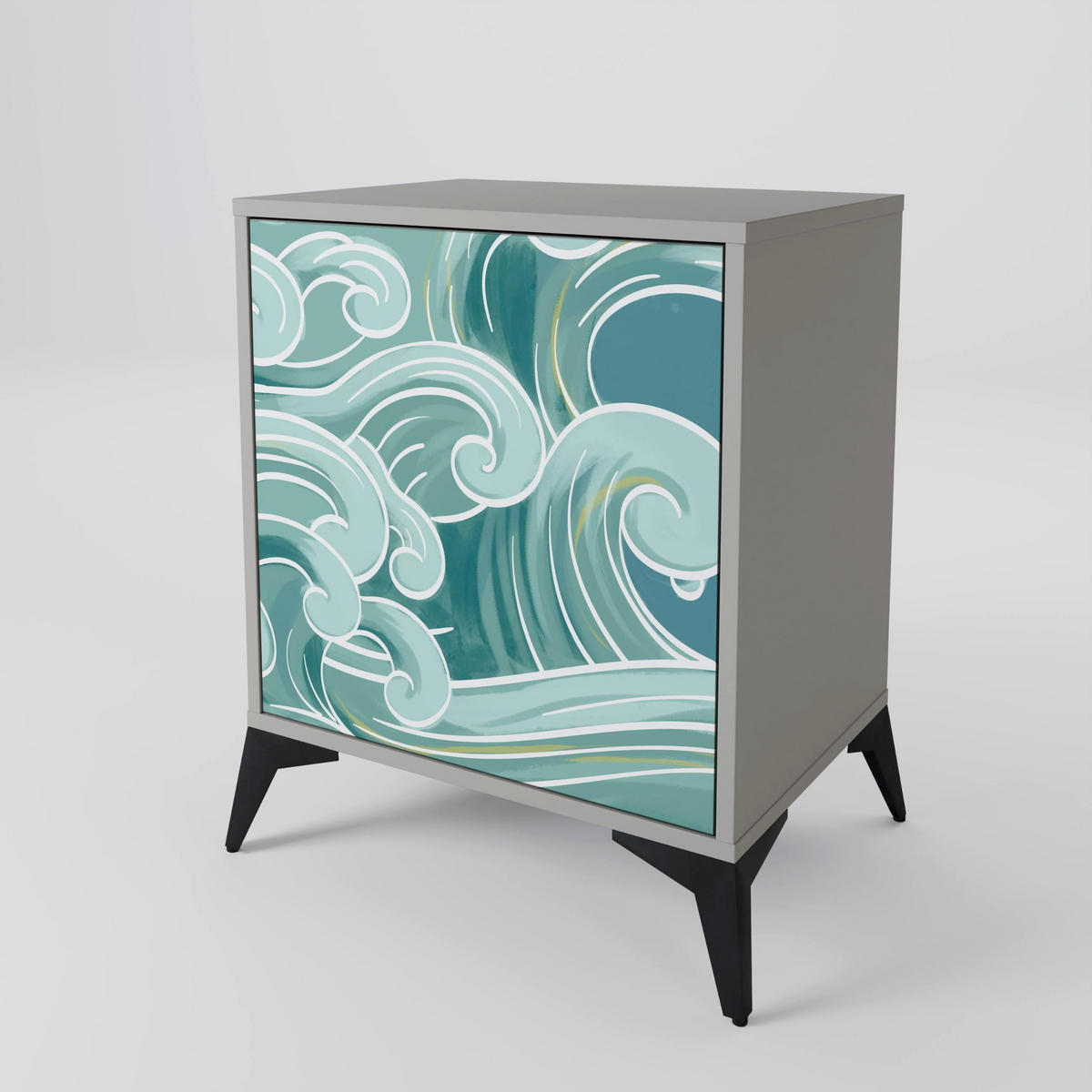 SIDEBOARD ASIAN SWAY, Grau, 57,5x42x75,5 cm, Goldfarbene Metallfüße - Goldfarben/Multicolor, Holzwerkstoff/Metall (57.5/75.5/42cm) - SpaceRebels