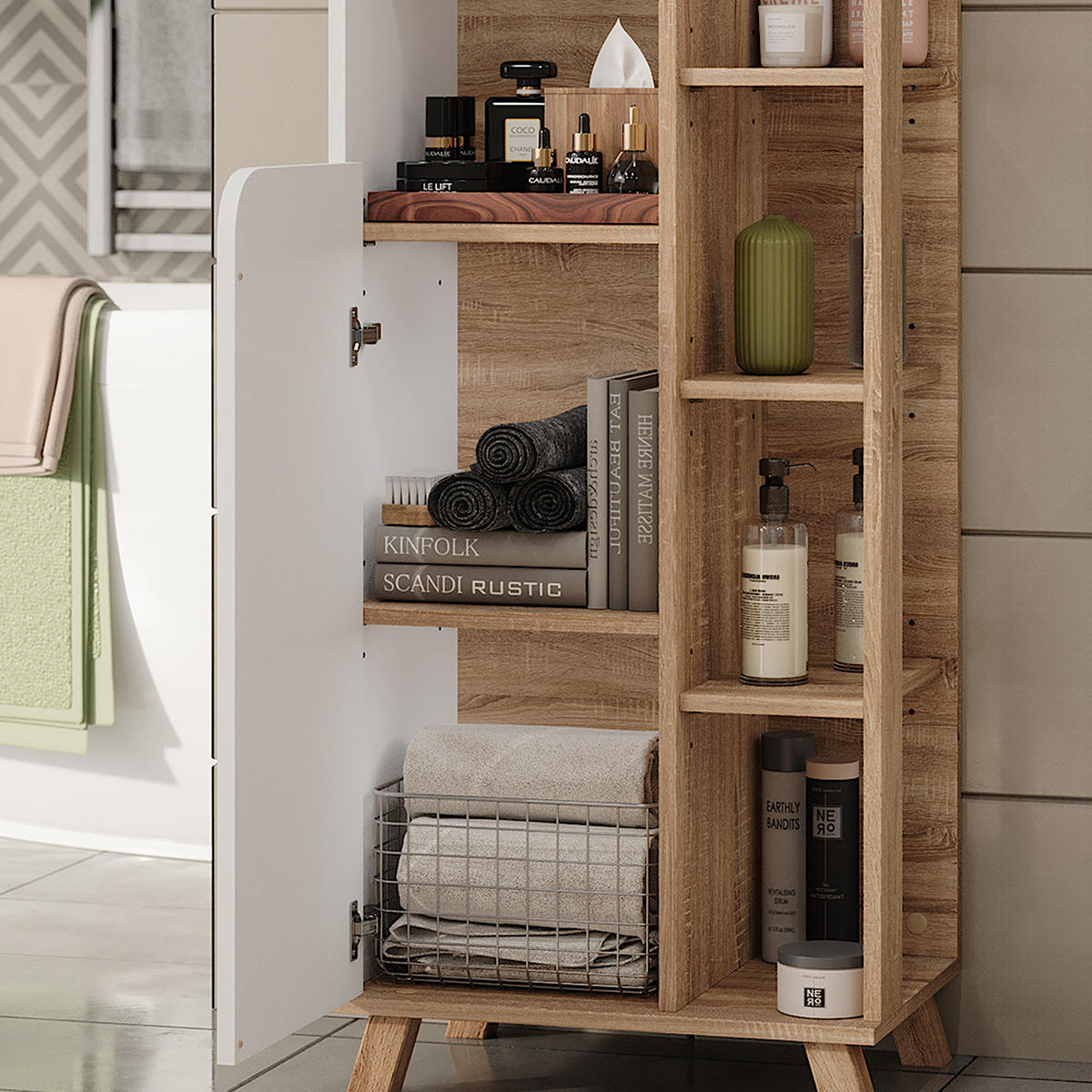 BADSCHRANK Karen Sonoma/Weiß 50 x 175 cm mit 2 Türen - Weiß/Sonoma Eiche, Holzwerkstoff (50/175/35cm) - Vicco