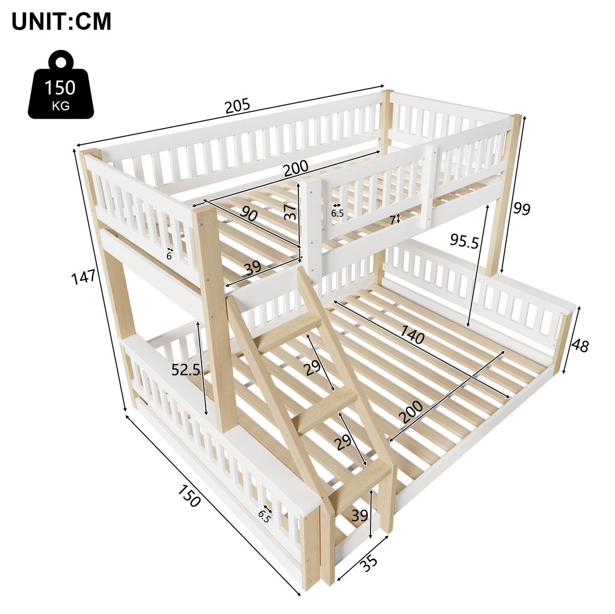 ETAGENBETT 90/200 cm + 140/200 cm, Weiß/Natur mit Leiter und Bettgitter ohne Matratze - Weiß, Holzwerkstoff (140/200cm) - MIVRAY