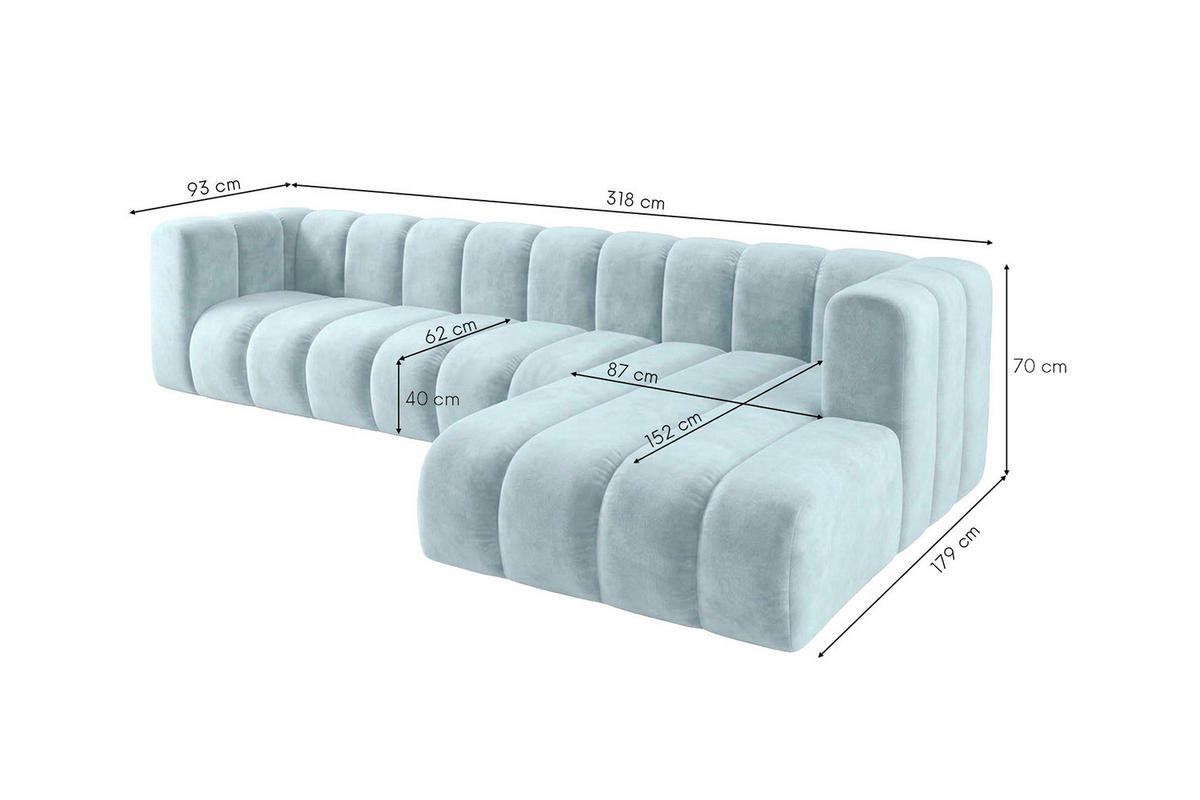 ECKSOFA Modulares In L-Form, Velvet-Stoff Riviera, Babyblau, Rechts, GRAND 318 cm - Hellblau, Holz (318/179cm) - Kaiser Möbel