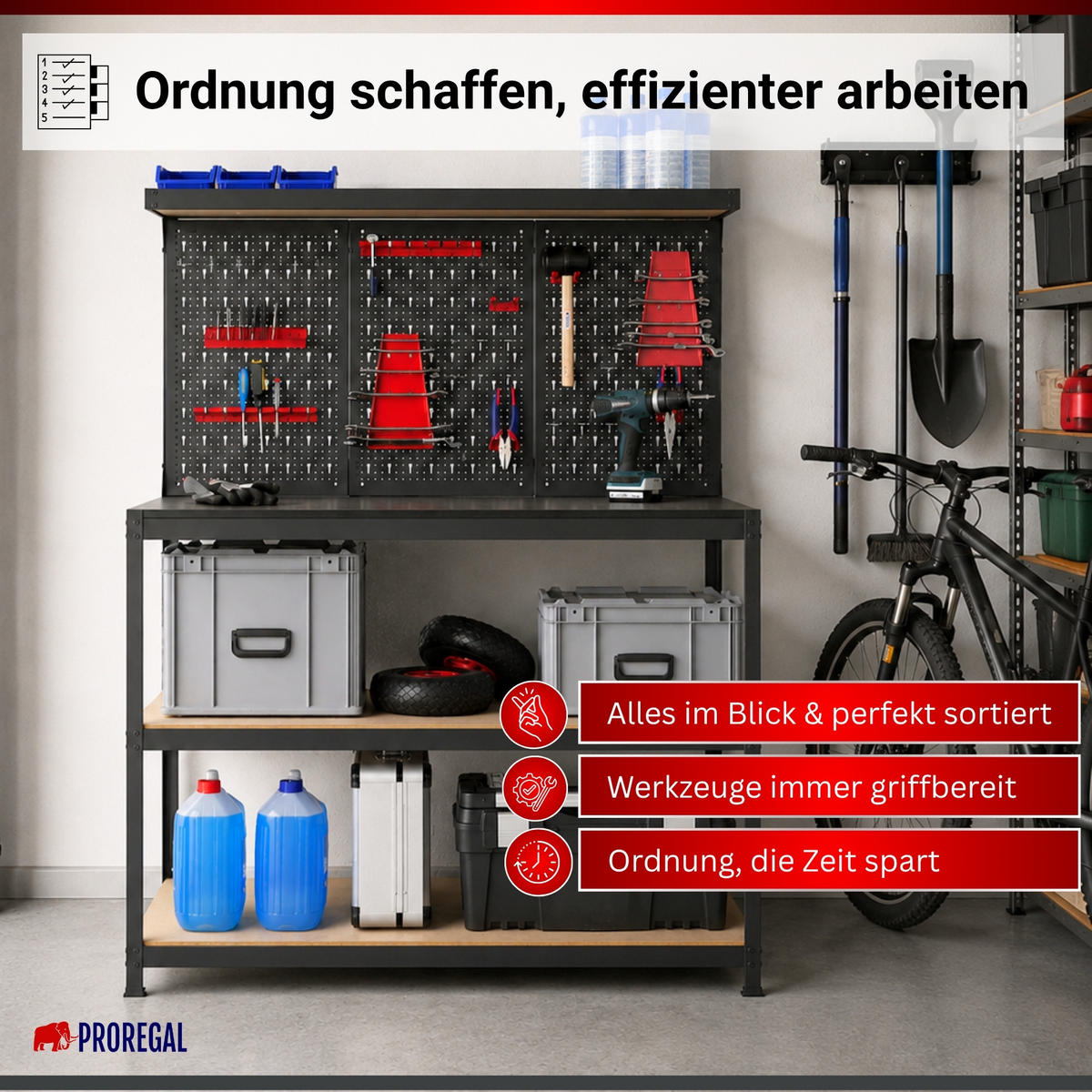 WERKBANK ARES mit Werkzeug Lochwand & Werkzeughalter-Set - Schwarz, Metall (120/155/60cm) - PROREGAL