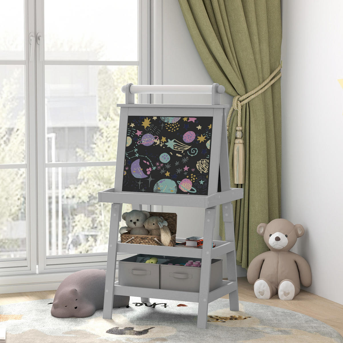 MALTAFEL DE-18186 3-in-1 mit Magnet- & Kreidetafel Grau - Grau, Holzwerkstoff (48/118/59cm) - ComfortXL