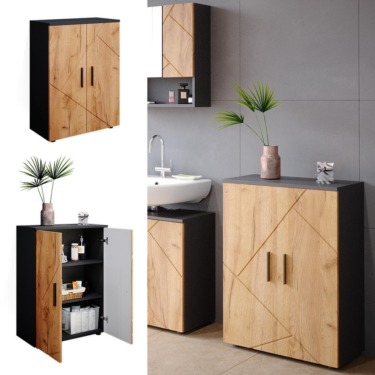 MIDISCHRANK Irma Anthrazit/Goldkraft Eiche 60 x 81 cm - Anthrazit/Eiche Wotan, Holzwerkstoff (60/81/30cm) - Vicco