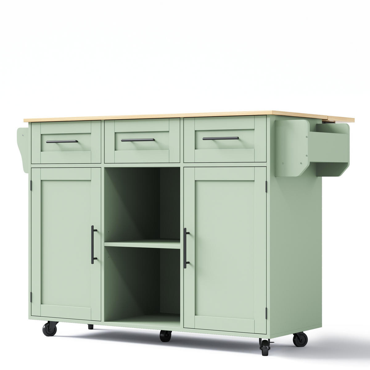 KÜCHENINSEL 139 cm MDF Antikgrün mit Holzoptik Arbeitsplatte und Rollen - Pastellgrün, Holzwerkstoff (46/91.5/139cm) - Korfee