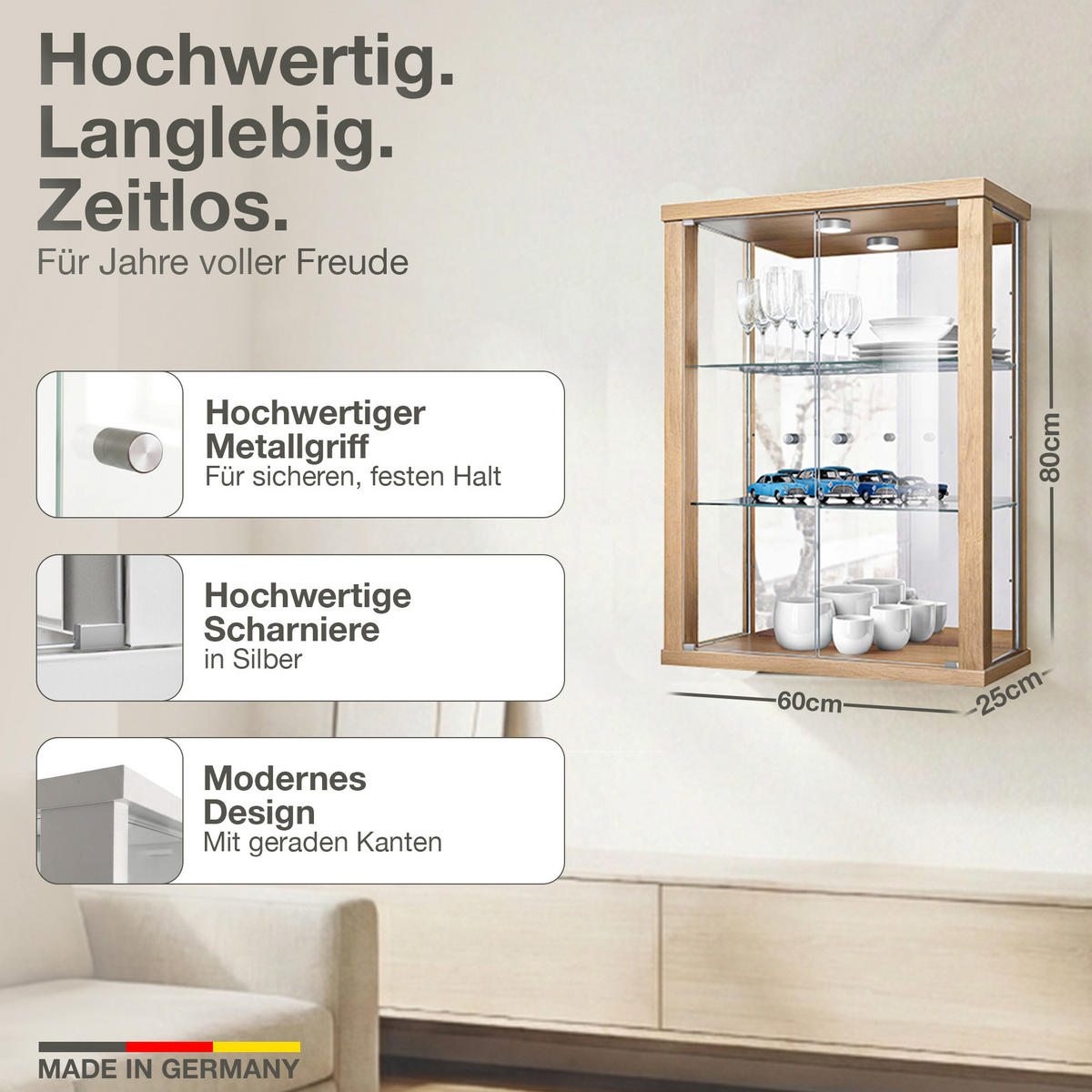 HÄNGEVITRINE 25/60/80 cm mit Spiegel, LED & 2 höhenverstellbaren Glasböden - Transparent/Silberfarben, Glas/Holzwerkstoff (60/80/25cm) - K-Möbel