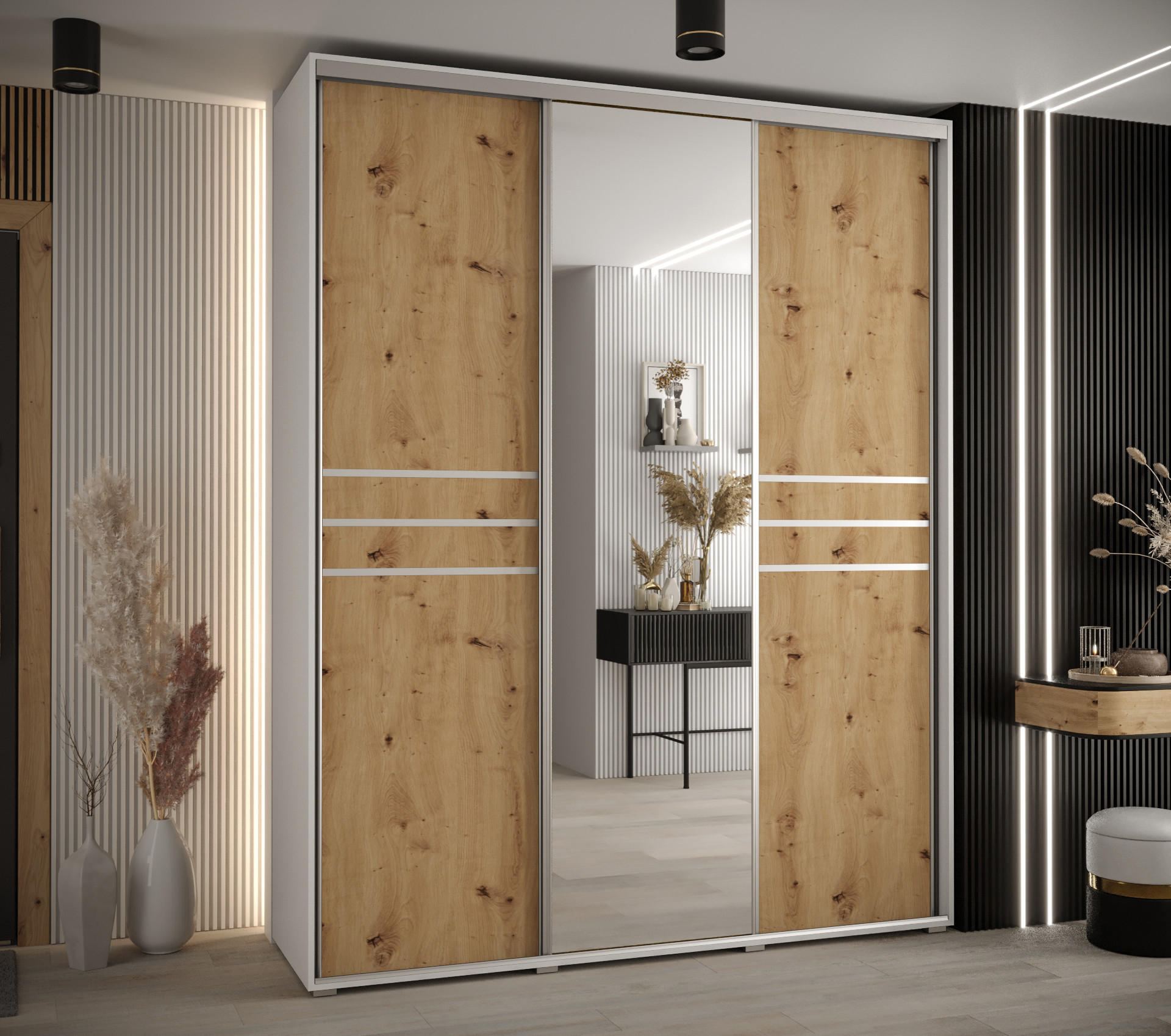 SCHWEBETÜRENSCHRANK 235,2/200/60 3-türig - Silberfarben/Eiche Artisan, Holz/Metall (200/235/60cm) - Abiks Möbel