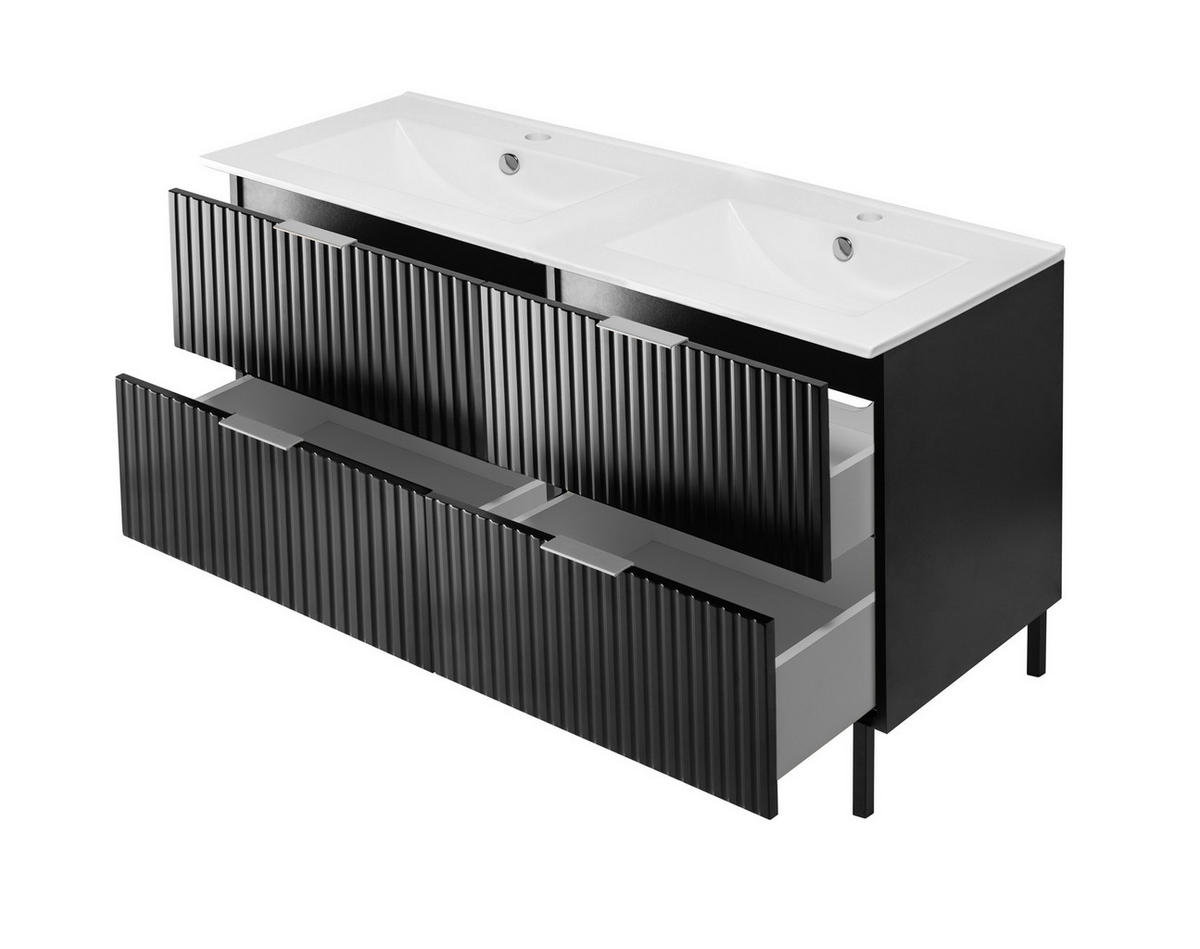 WASCHBECKUNTERSCHRANK, Schwarz, 120 (2 x 60) x 77 x 46 cm, silberner Griff, schwarze Beine, ohne Arbeitsplatte - Silberfarben/Schwarz, Holzwerkstoff (120/77/46cm) - 3XE LIVING