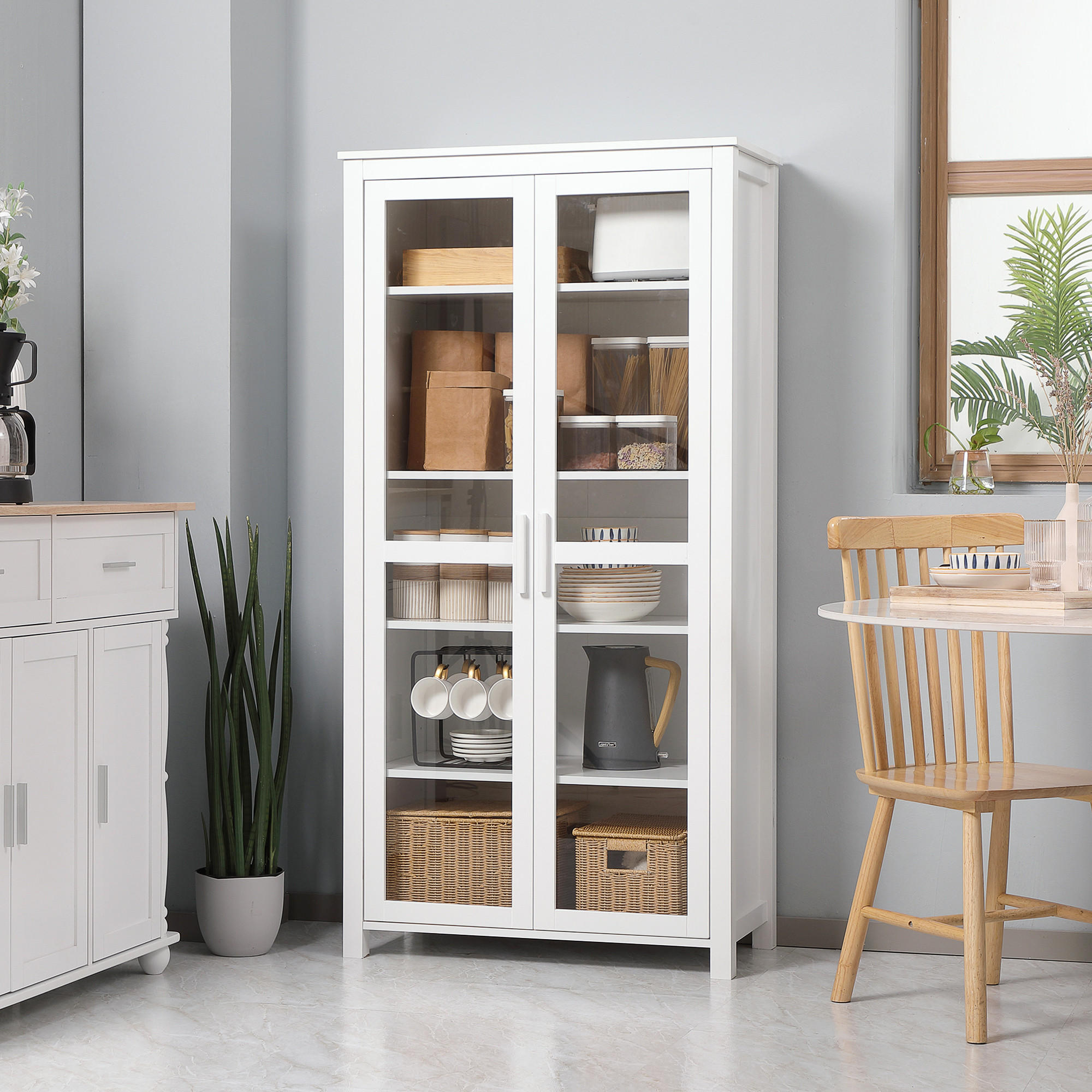 KÜCHENSCHRANK Hochschrank Küchenbuffet mit 2 Glastüren, Weiß 80 x 39,5 x 160 cm - Weiß, Holz (80/160/39.5cm) - HOMCOM