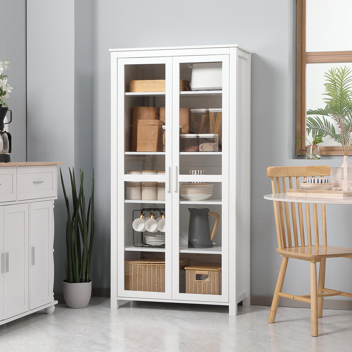 KÜCHENSCHRANK Hochschrank Küchenbuffet mit 2 Glastüren, Weiß 80 x 39,5 x 160 cm - Weiß, Holz (80/160/39.5cm) - HOMCOM