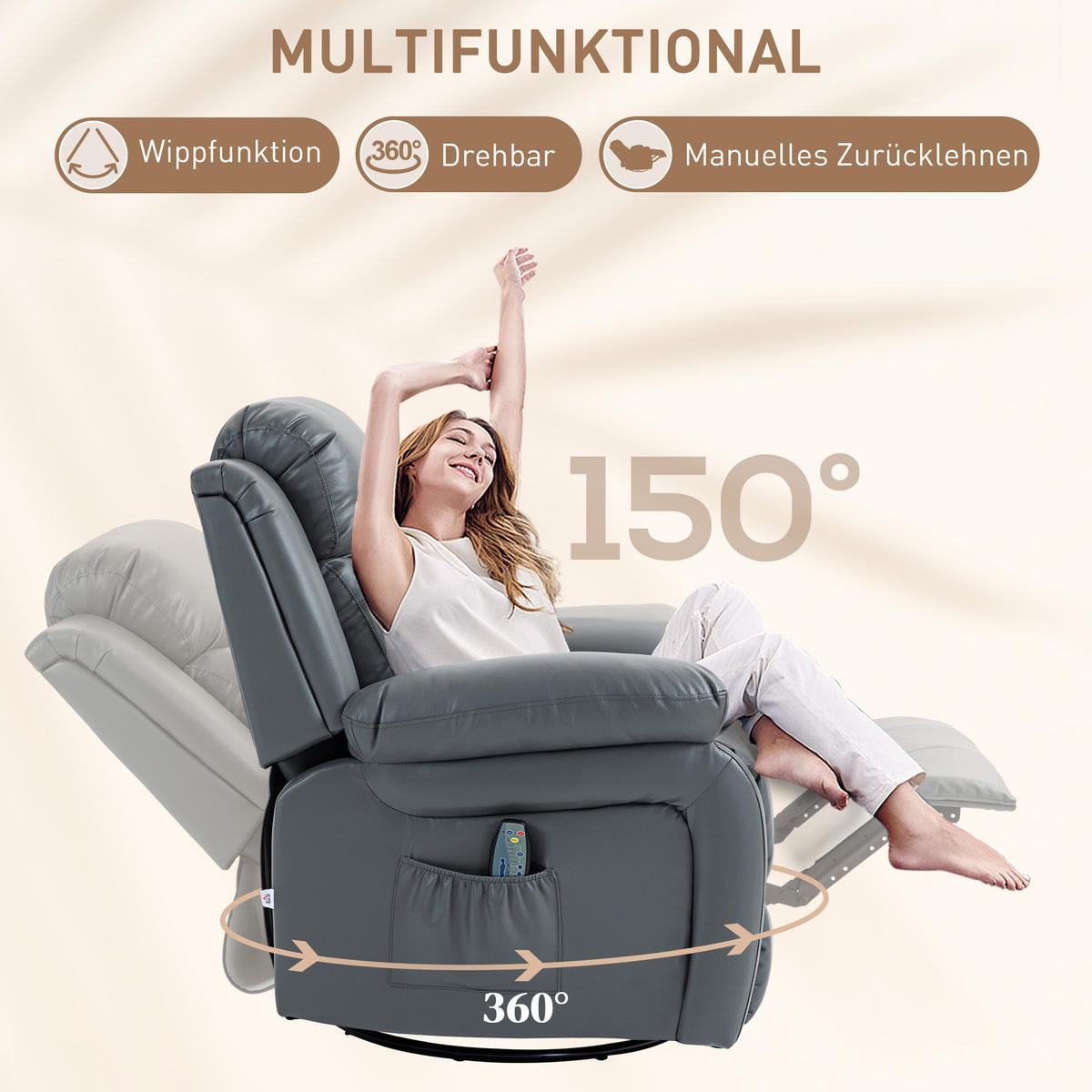 MASSAGESESSEL Drehbarer Relaxsessel mit 8 Vibrationsköpfen Liegefunktion Grau - Schwarz/Grau, Leder/Metall (90/101/93cm) - HOMCOM
