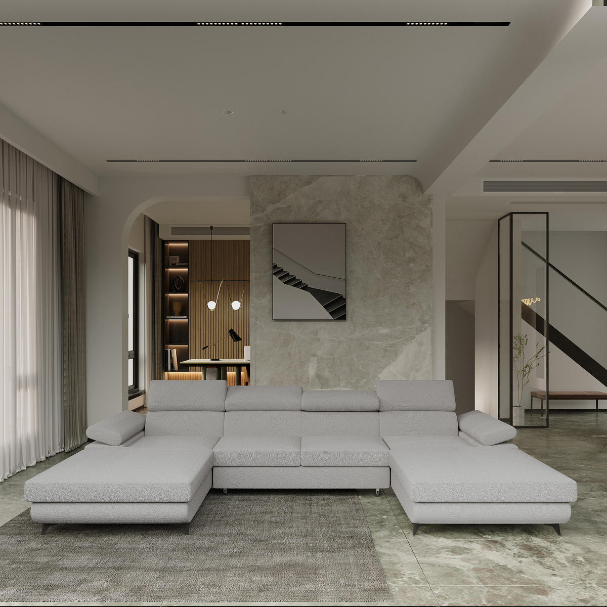 ROHOVÁ SEDAČKA DETTI světle šedá - černá/světle šedá, kov/dřevo (339/190cm) - MASSENO