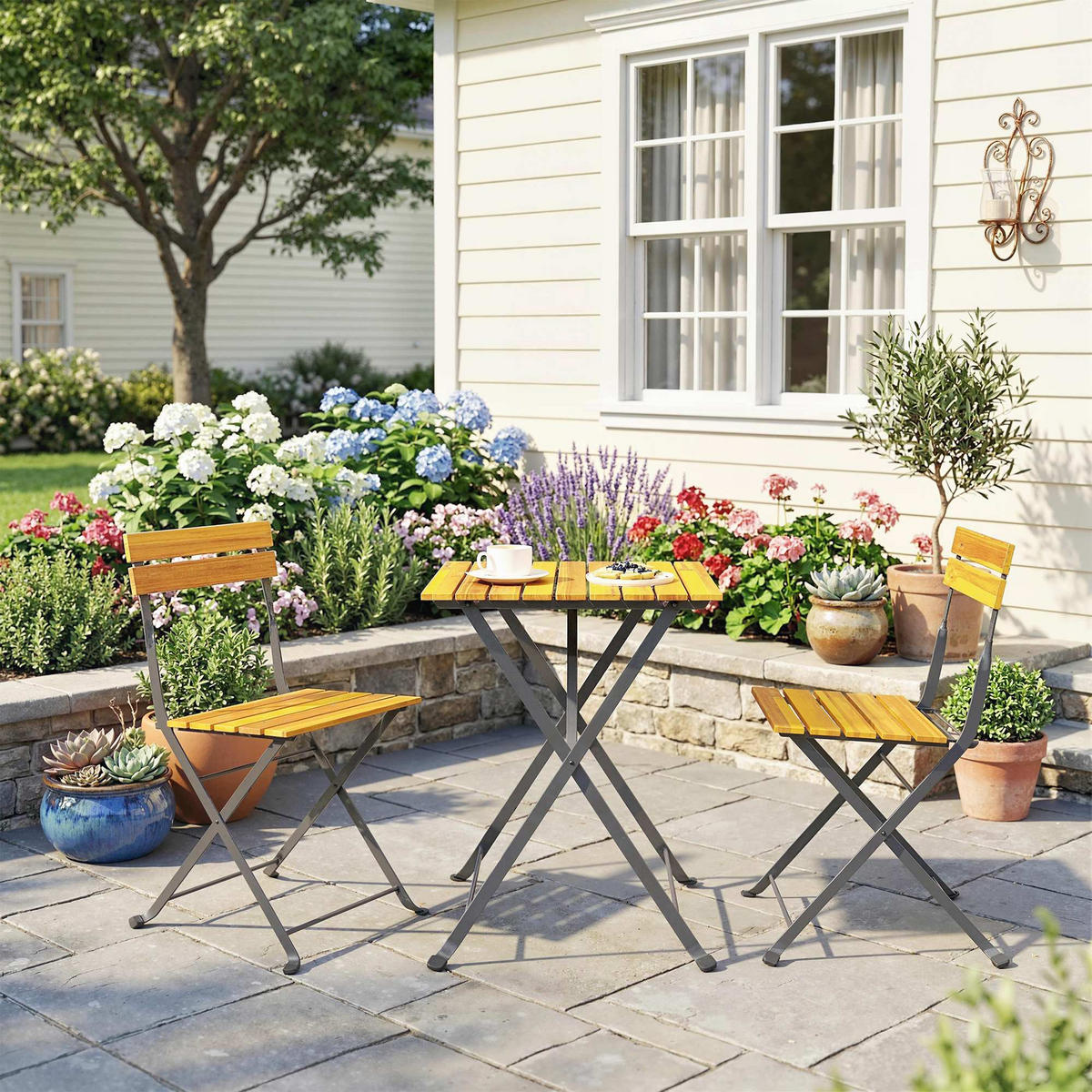 BISTROTISCH-MIT-2-STÜHLEN 3er Set Akazienholz Stahl Teak - Schwarz/Teakfarben, Metall - Outsunny