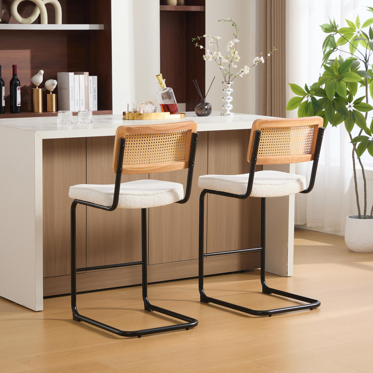 BARHOCKER DE-36899 2er-Set mit Holzrahmen und Rattan-Optik Elfenbein - Creme, Metall (53.5/98/47cm) - ComfortXL