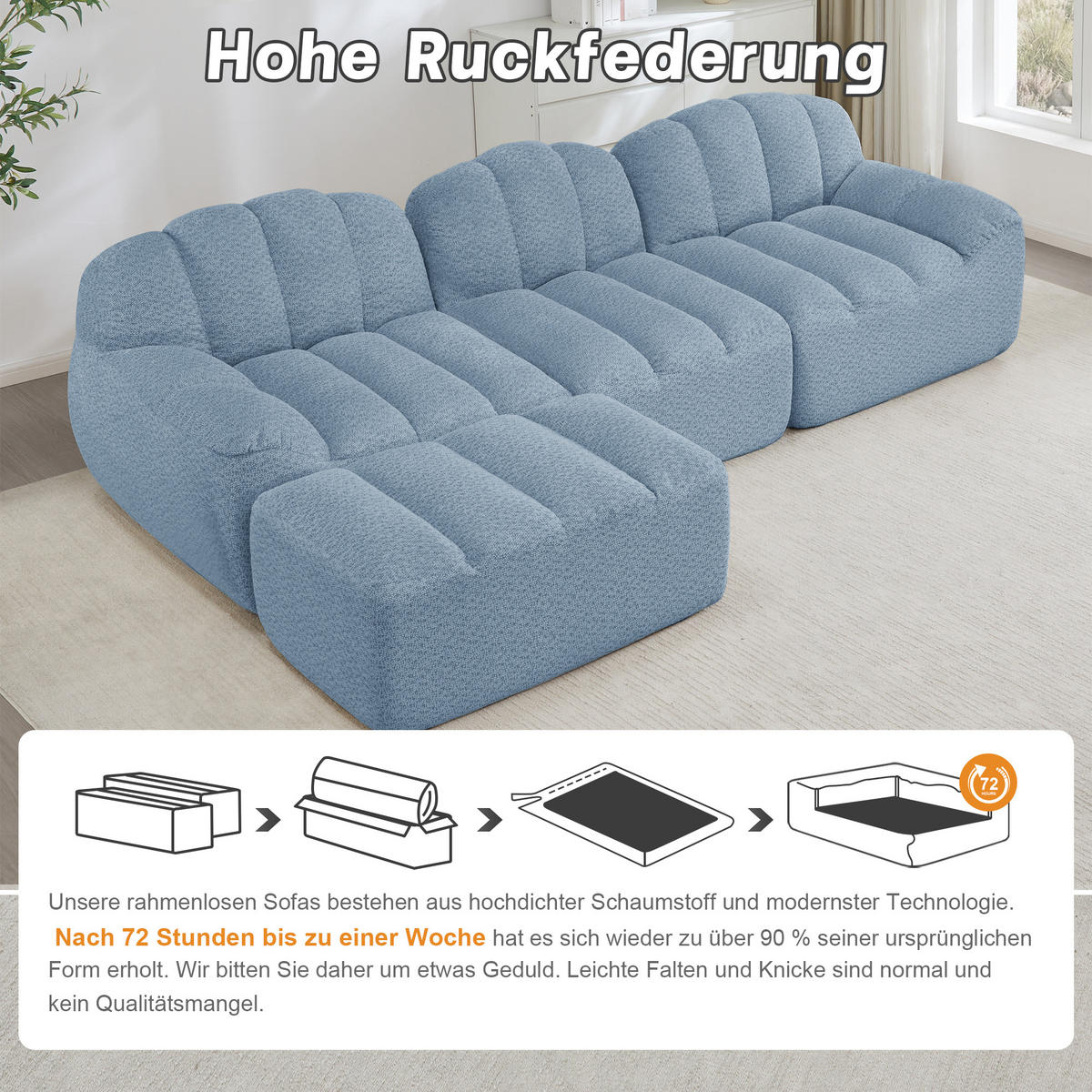 ECKSOFA 288/165/79 cm Blau Granulatvlies mit 1 Fußhocker - Blau, Textil (288/165cm) - Oxeza