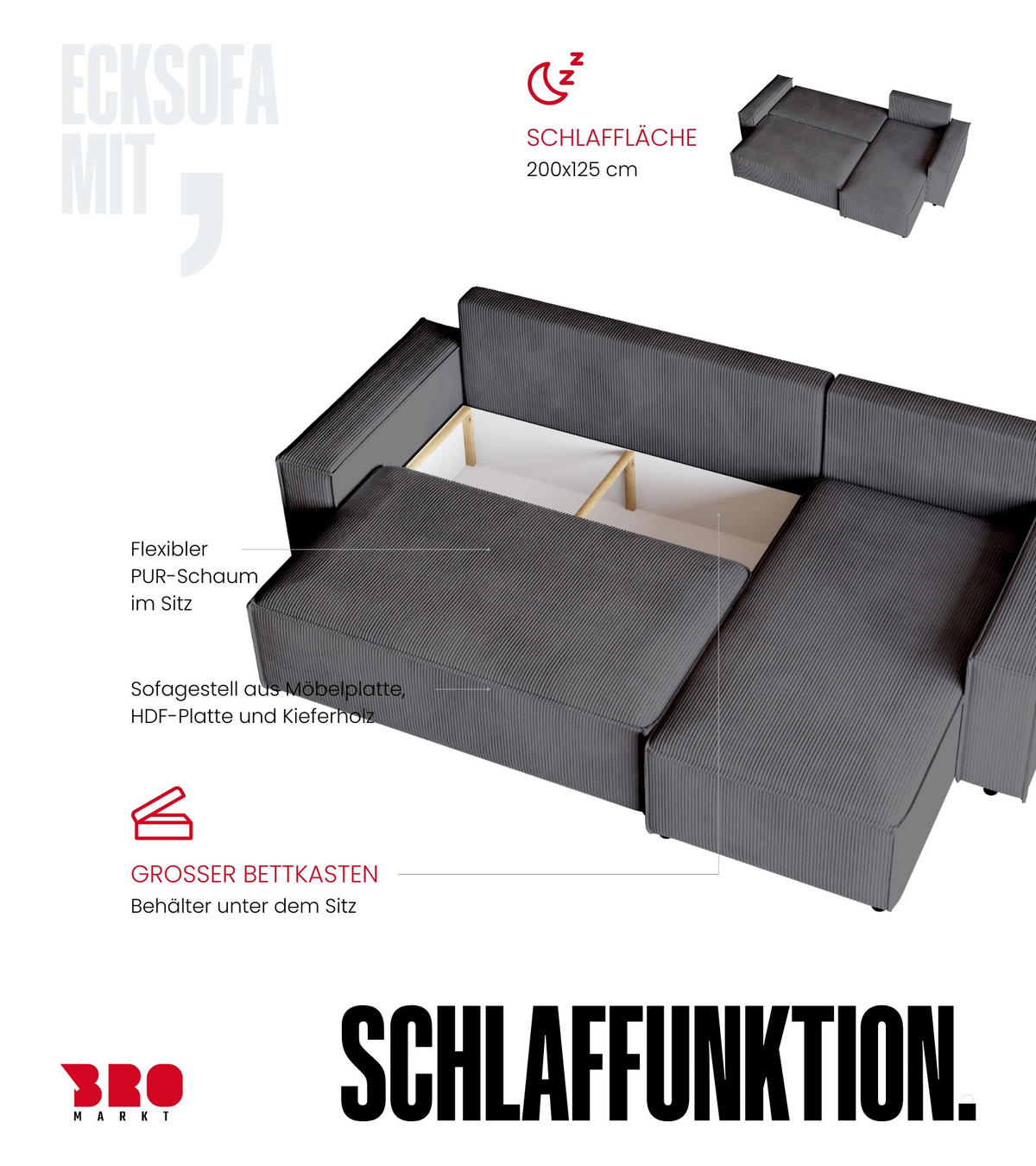 ECKSOFA ADI mit Schlaffunktion Schwarz Cord - Schwarz, Textil (244/143cm) - Bromarkt
