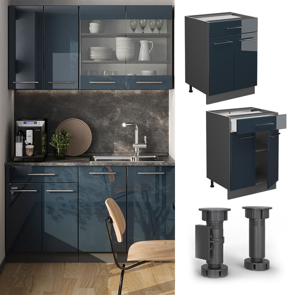 KÜCHENUNTERSCHRANK Fame-Line Dunkelblau Hochglanz 60 cm mit Schublade AP Marmor - Anthrazit/Dunkelblau, Holzwerkstoff (60/82/60cm) - Vicco