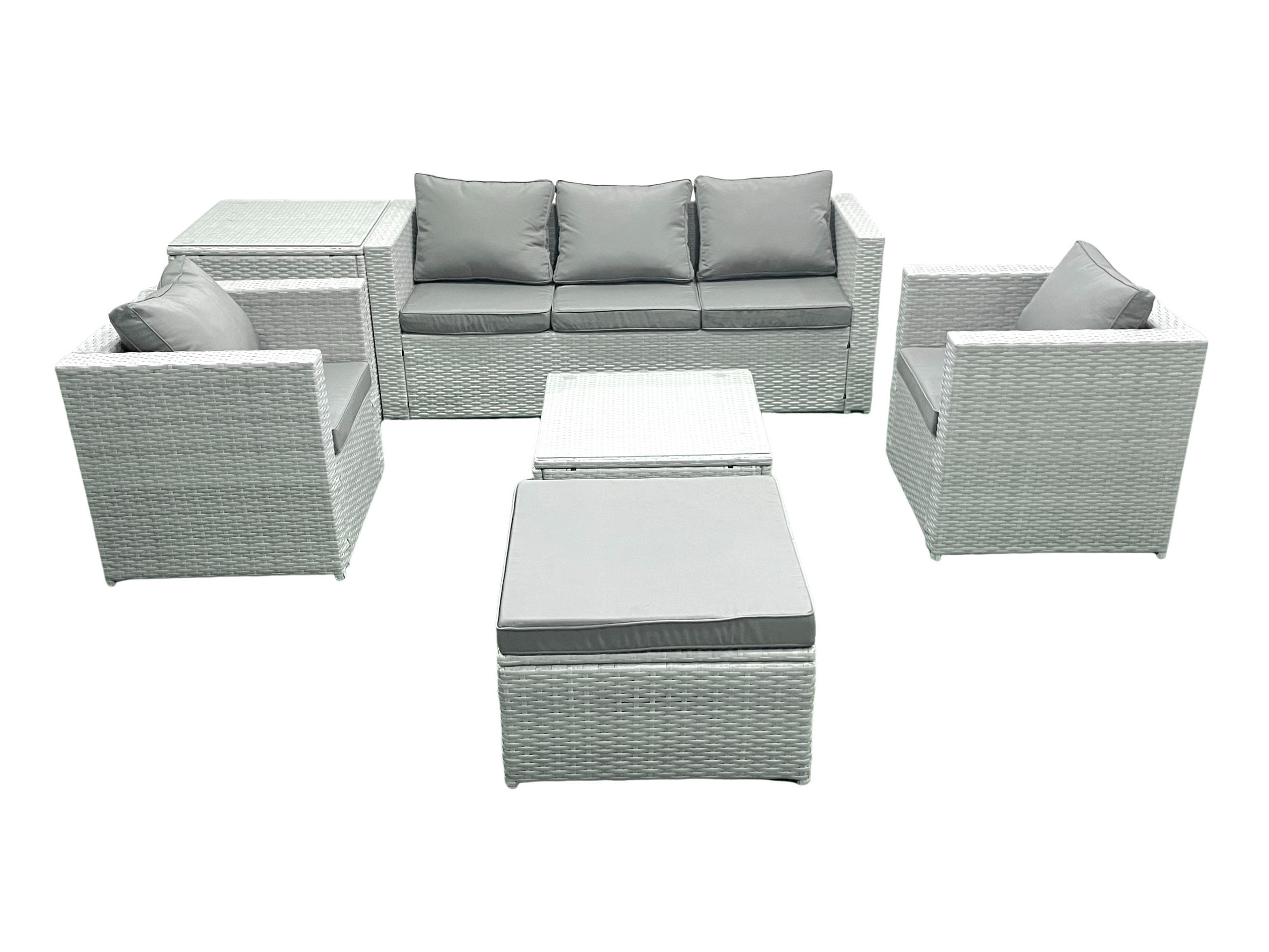 GARTENMÖBEL-SET mit Kissen Polyrattan Hellgrau-Mix 6-Sitzer - Hellgrau/Grau, Glas/Kunststoff - Fimous