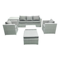 GARTENMÖBEL-SET mit Kissen Polyrattan Hellgrau-Mix 6-Sitzer - Hellgrau/Grau, Glas/Kunststoff - Fimous