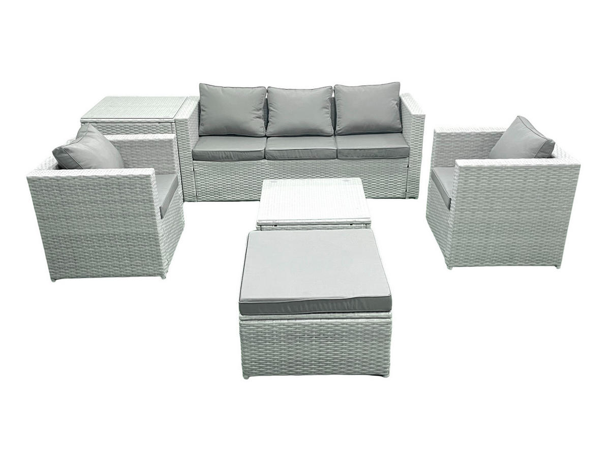 GARTENMÖBEL-SET mit Kissen Polyrattan Hellgrau-Mix 6-Sitzer - Hellgrau/Grau, Glas/Kunststoff - Fimous