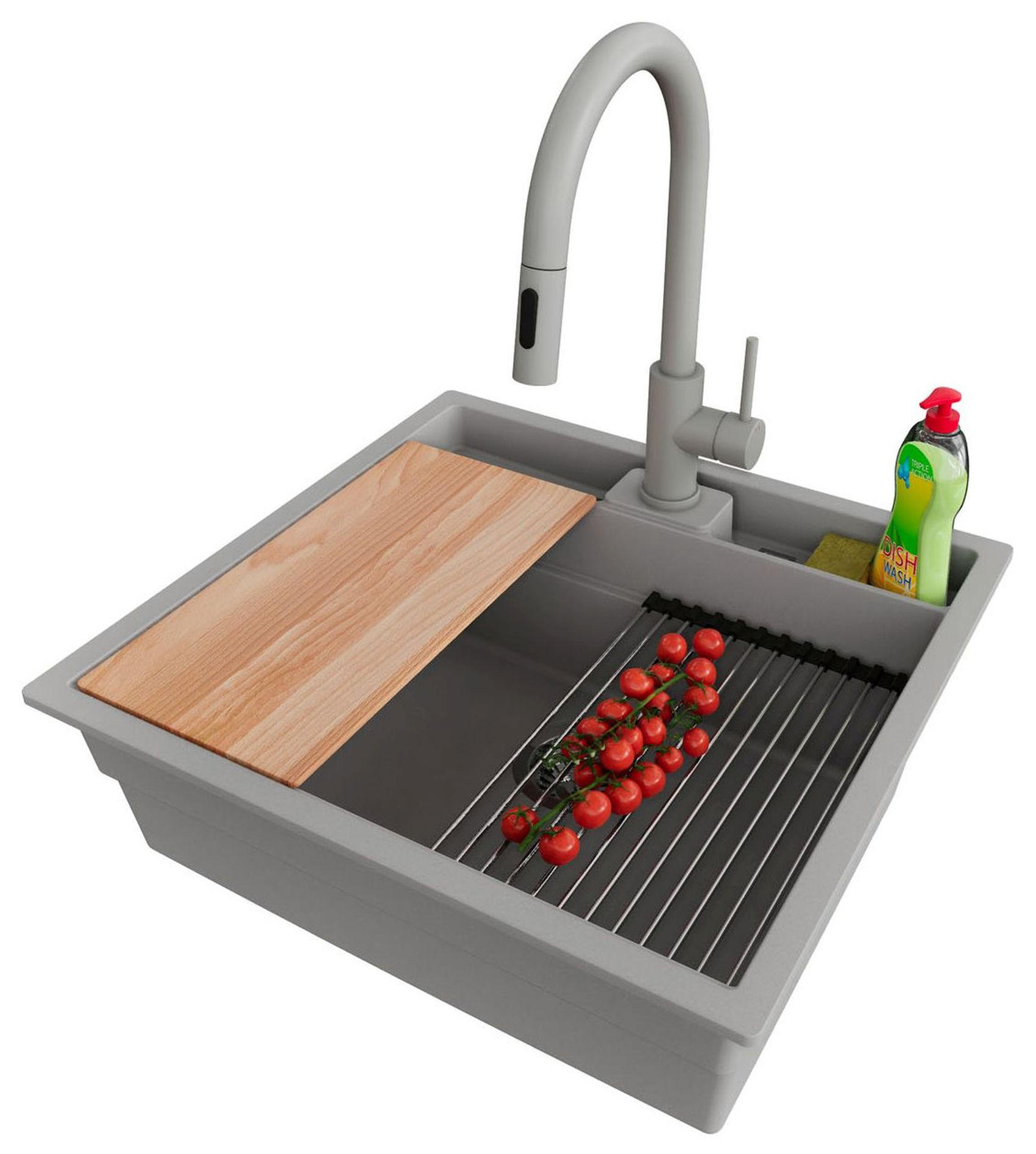 UNTERBAUSPÜLE GRANIT Bergen Pocket, 2-er set Grau 56/54 cm 1 Becken + Küchenarmatur 40/20 cm + Ablauf-Set + Küchenzubehörset ab 60er Unterschrank - Chromfarben/Beige, Kunststoff (56/20/54cm) - Primagran