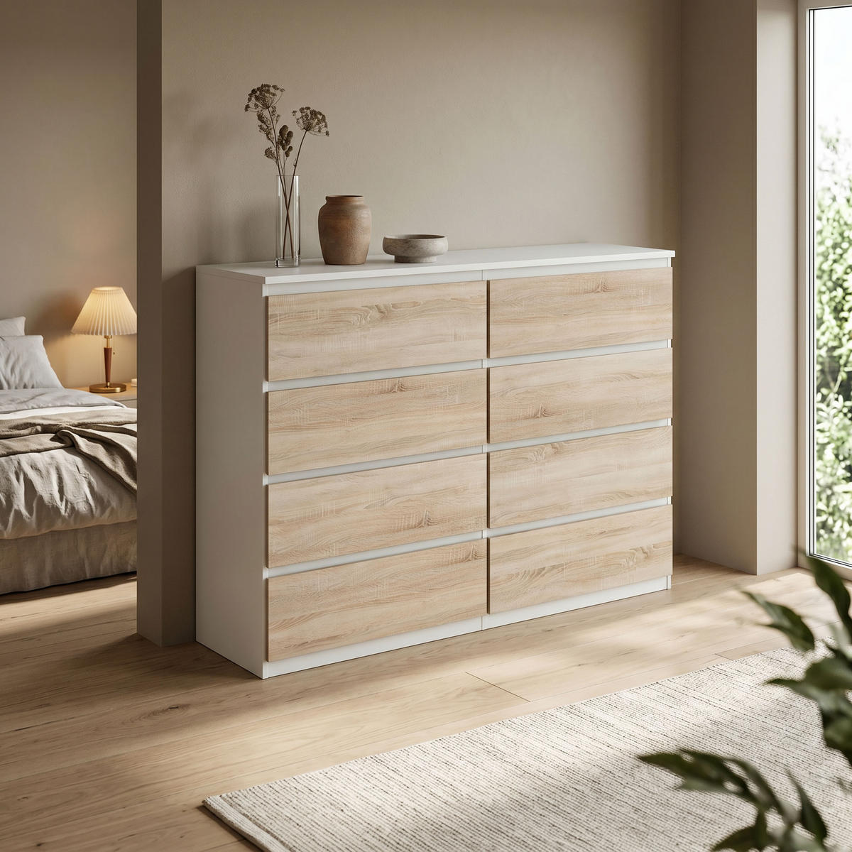 KOMMODE NUDO 120/101,5/39cm mit 8 Schubladen Türen Weiß - Weiß/Sonoma Eiche, Holzwerkstoff (120/101.5/39cm) - MASSENO