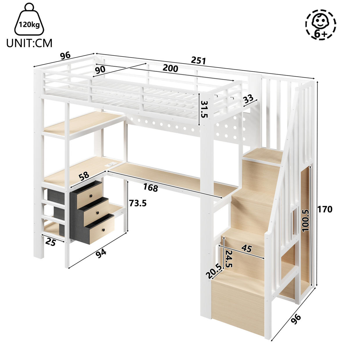 HOCHBETT 90/200 cm aus MDF und Metall mit Schublade, Lochwand, Tisch, LED-Licht, Weiß - Weiß, Holzwerkstoff (90/200cm) - OKMYHOME