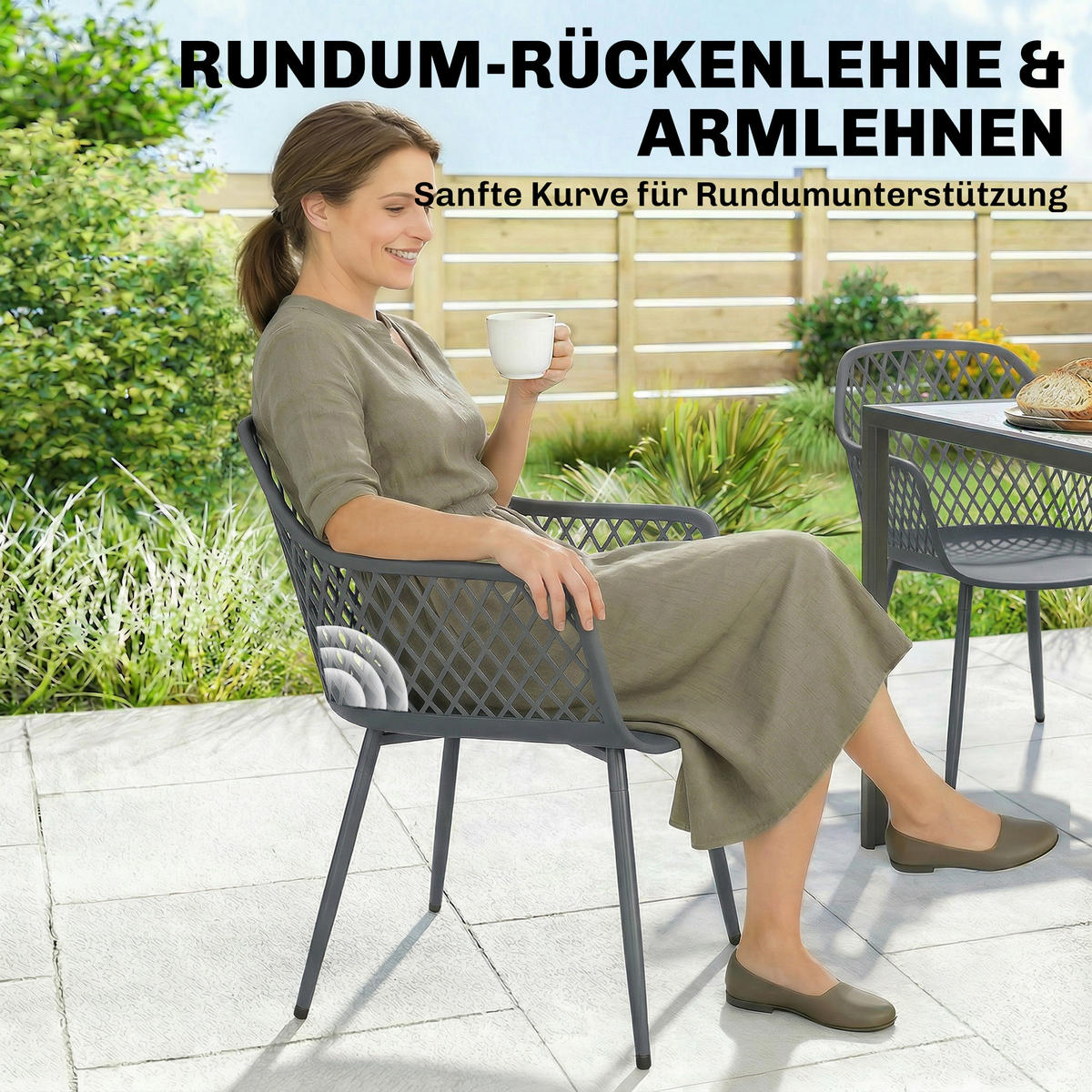 GARTENSTUHL 4er Set UV-beständige Gartenstühle aus Kunststoff mit Armlehne Rückenlehne 56 x 51 x 84 cm Dunkelgrau - Dunkelgrau, Metall (56/84/51cm)