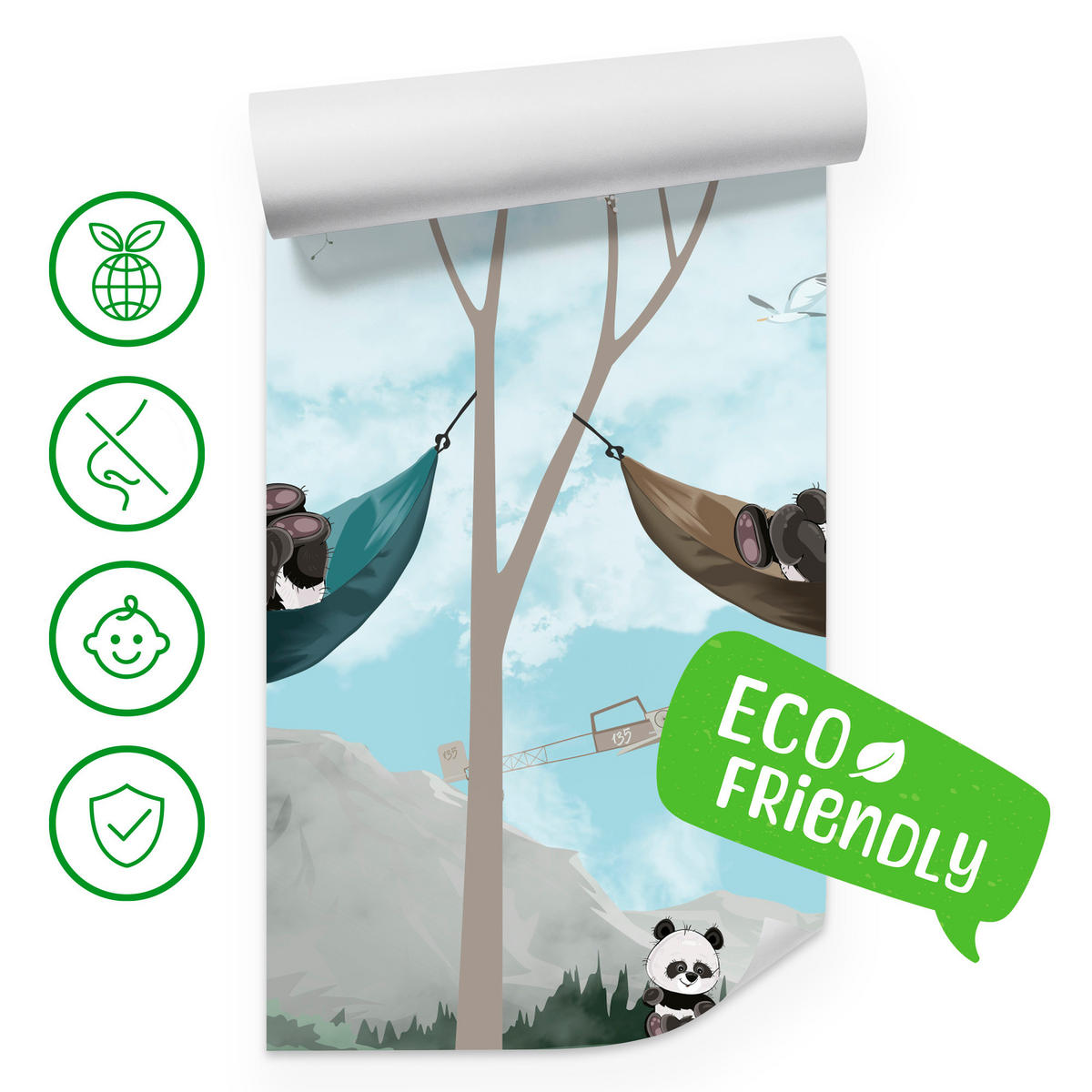 FOTOTAPETA Pre Detskú Izbu Pandy V Hojdacích Sieťach Rozprávkový Les Kvety Hory 450 x 315 cm - čierna/sivá, papier (450/315cm) - Muralo