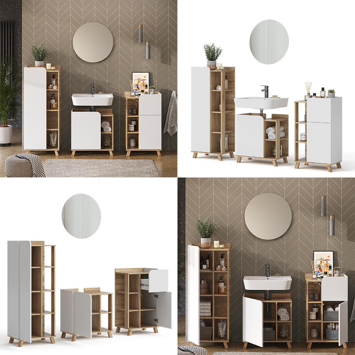 BADMÖBEL-SET Karen Sonoma/Weiß 4 Teile - Weiß/Sonoma Eiche, Holzwerkstoff (60/65/35cm) - Vicco