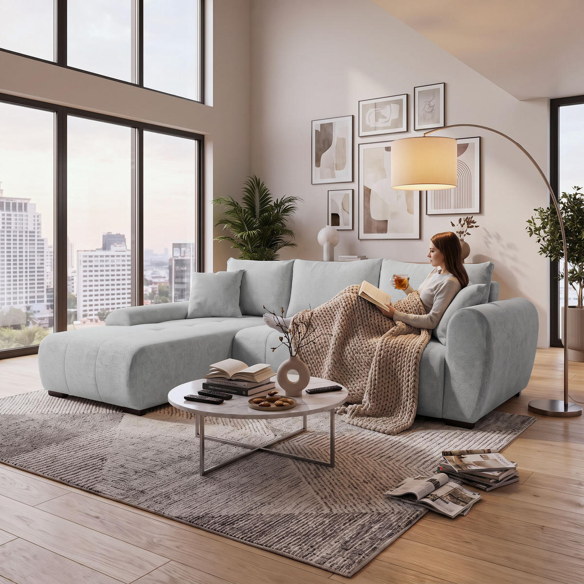 ECKSCHLAFSOFA Dallas mit Bettkasten, 255 cm, Hellgrau, links, Velour-Stoff - Hellgrau, Textil (255/175cm) - Beautysofa