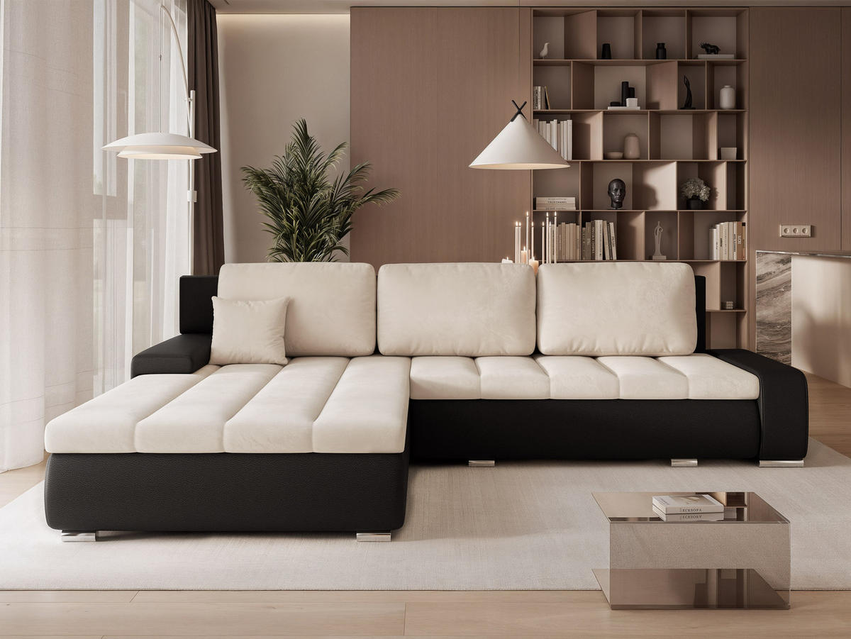 ECKSOFA VELANO mit Schlaffunktion und Bettkasten Schwarz/Beige - Beige, Holzwerkstoff/Kunststoff (250/160cm) - Idohome