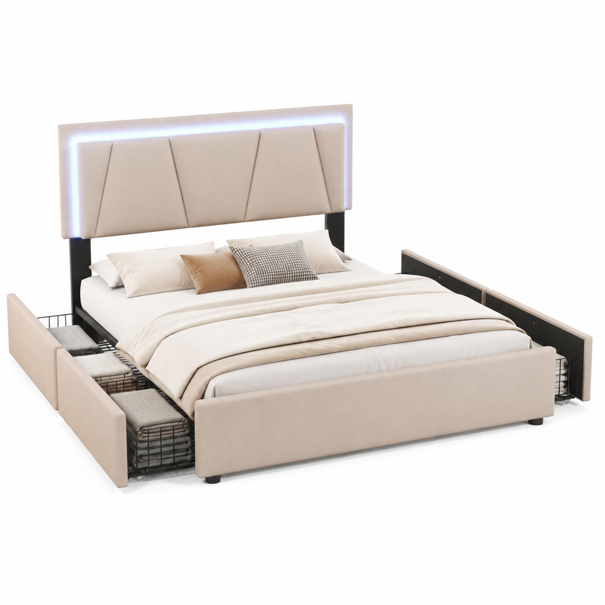 BETT mit LED, 4 Schubladen und Kopfteil 160x200 cm Beige - Beige, Holz (160/200cm) - Meubliv