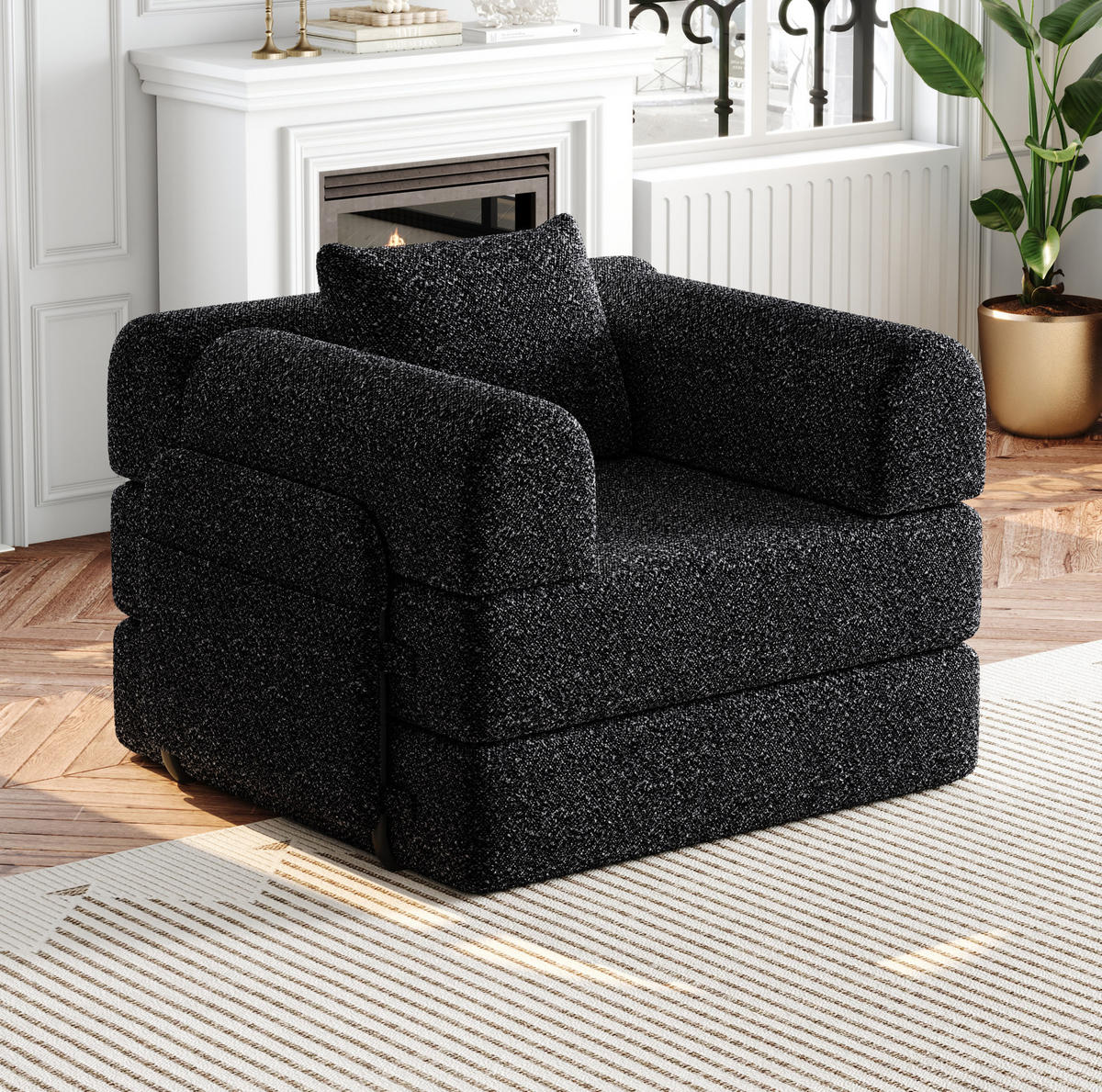 SCHLAFSOFA 2-in-1, Chenille mit Armlehnen-Stauraum & Stahlrahmen, 94/181,6/49,5 cm, Schwarz - Schwarz, Textil (94/49.5/181.6cm) - Redom